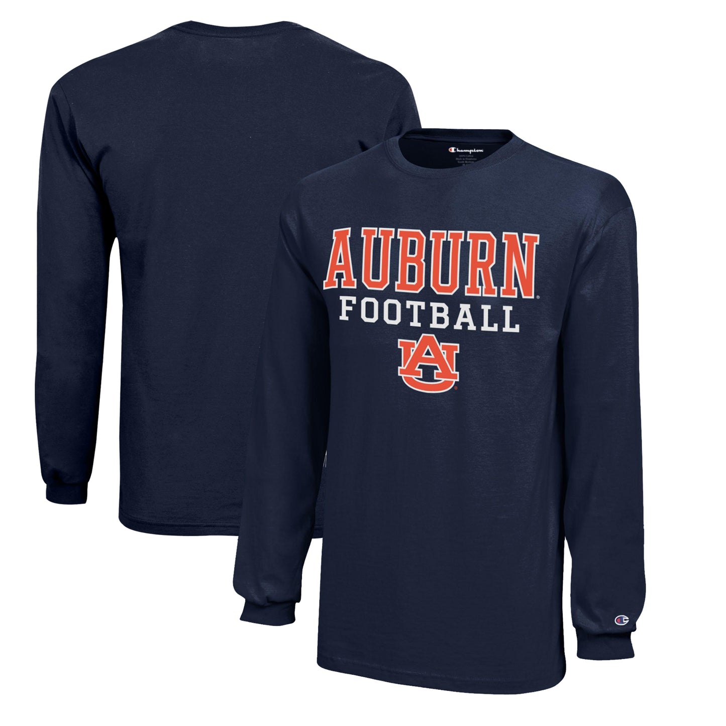 Youth Champion Navy Auburn Tigers Stacked Logo Long Sleeve Football T-Shirt