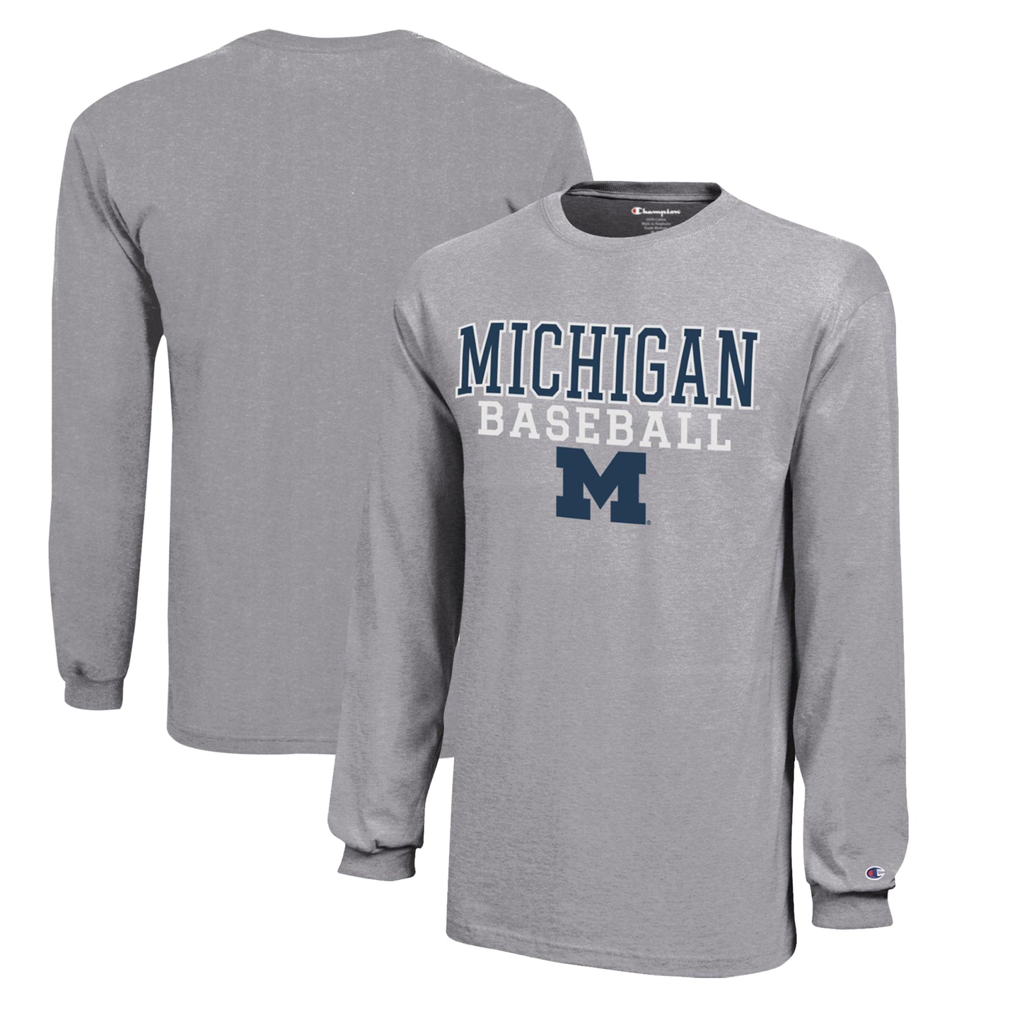 Youth Champion Gray Michigan Wolverines Stacked Logo Long Sleeve Baseball T-Shirt