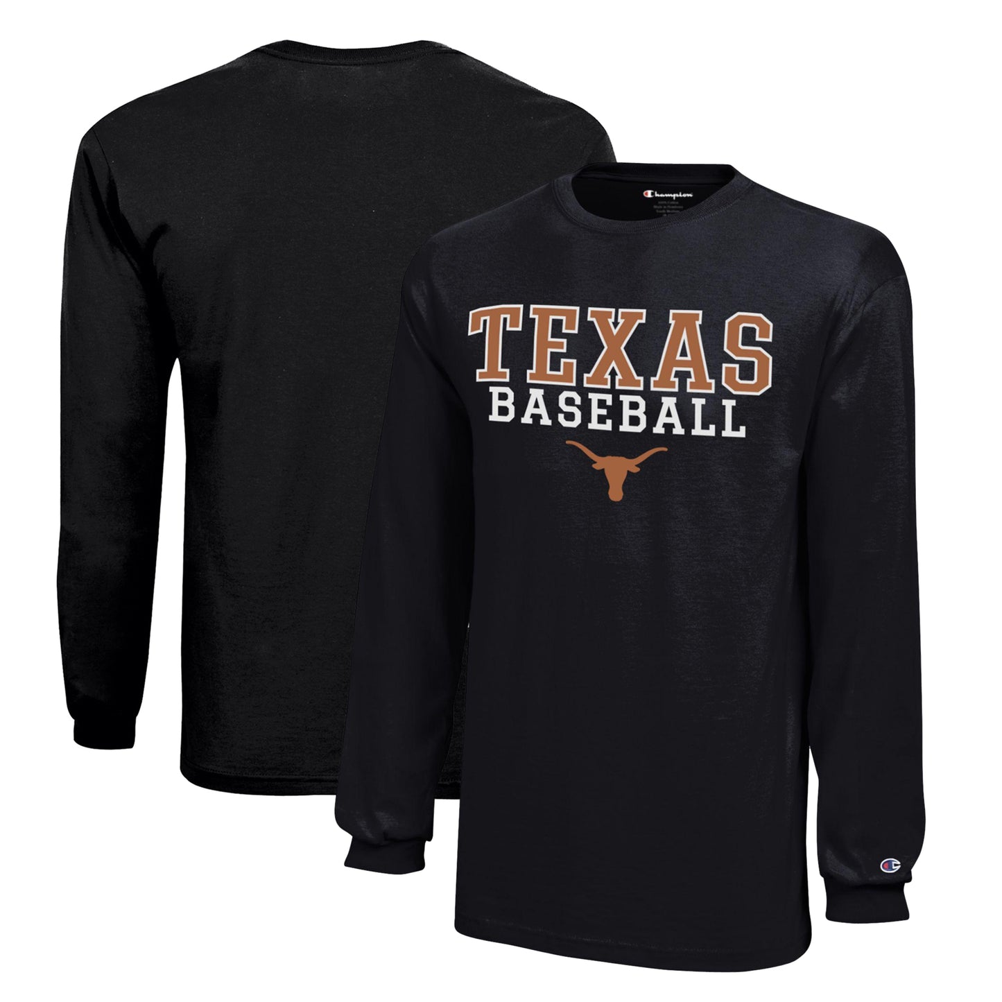 Youth Champion Black Texas Longhorns Stacked Logo Long Sleeve Baseball T-Shirt