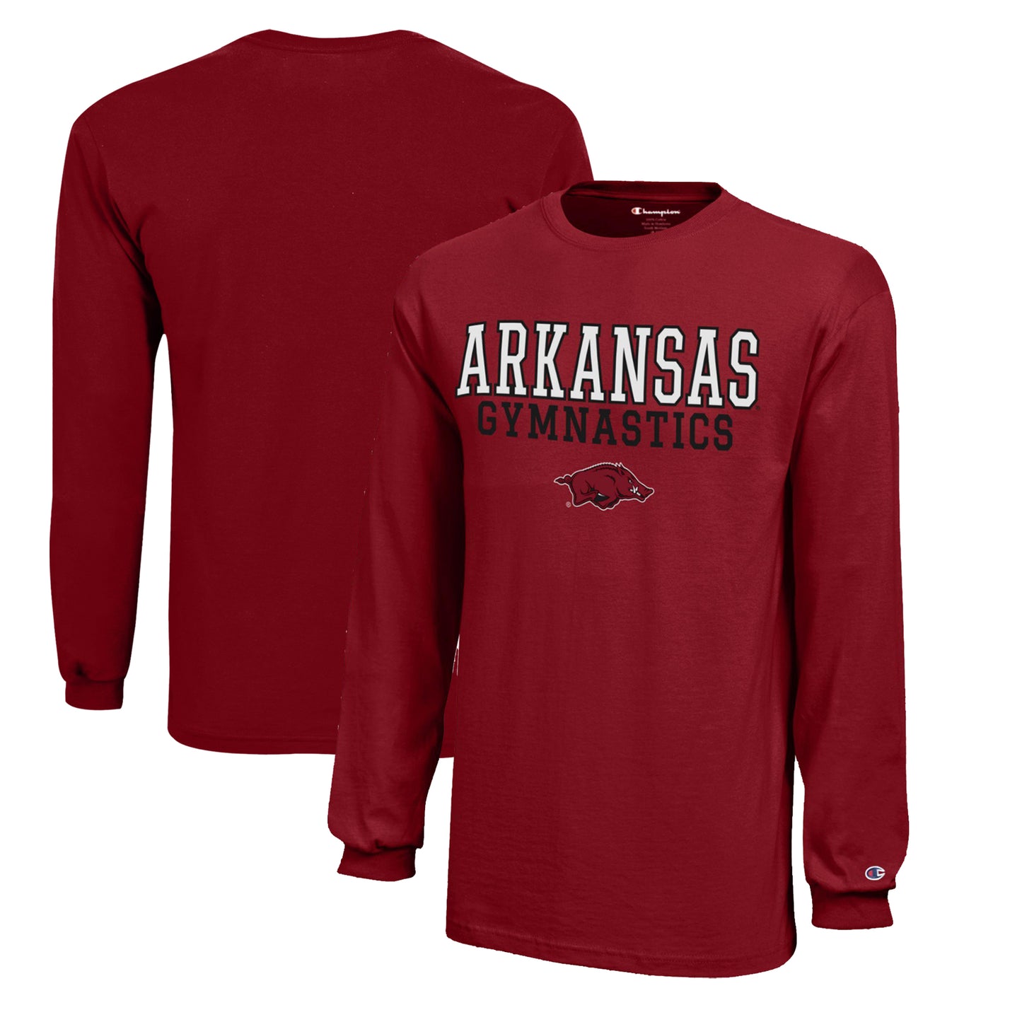 Youth Champion Cardinal Arkansas Razorbacks Stacked Logo Long Sleeve Gymnastics Jersey T-Shirt