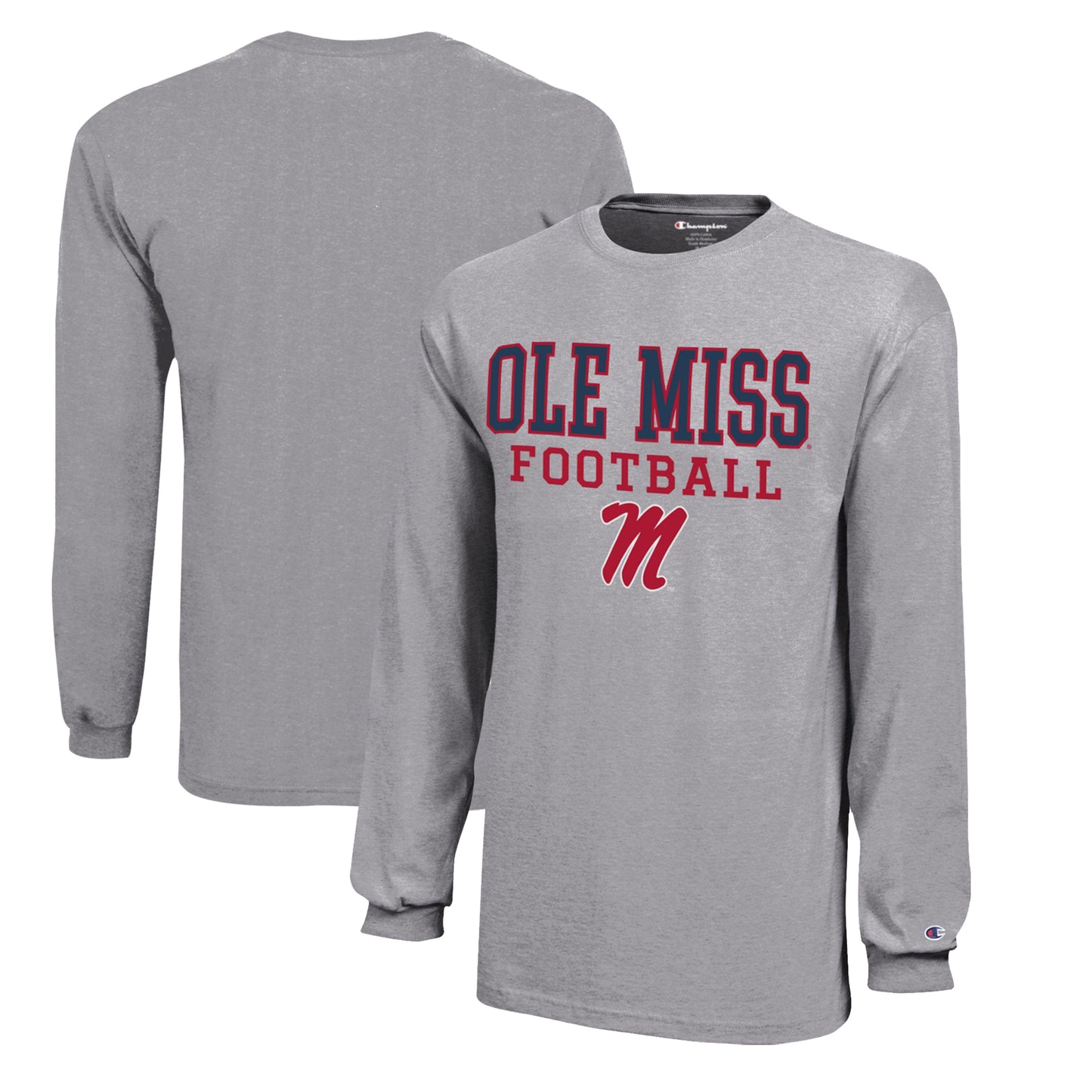 Youth Champion Gray Ole Miss Rebels Stacked Logo Long Sleeve Football T-Shirt