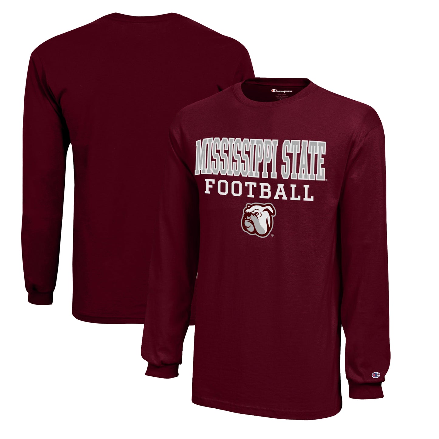 Youth Champion Maroon Mississippi State Bulldogs Stacked Logo Long Sleeve Football T-Shirt