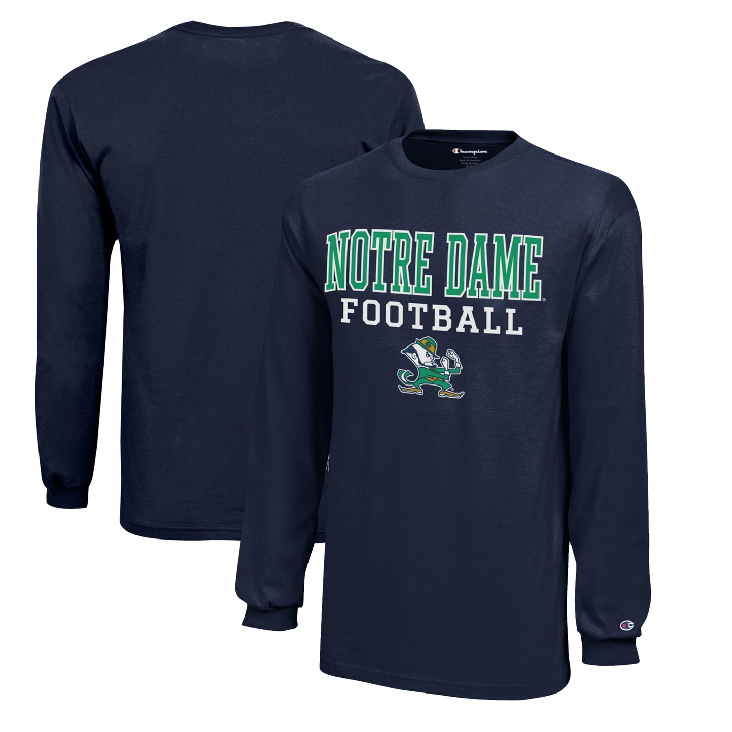 Youth Champion Navy Notre Dame Fighting Irish Stacked Logo Long Sleeve Football T-Shirt