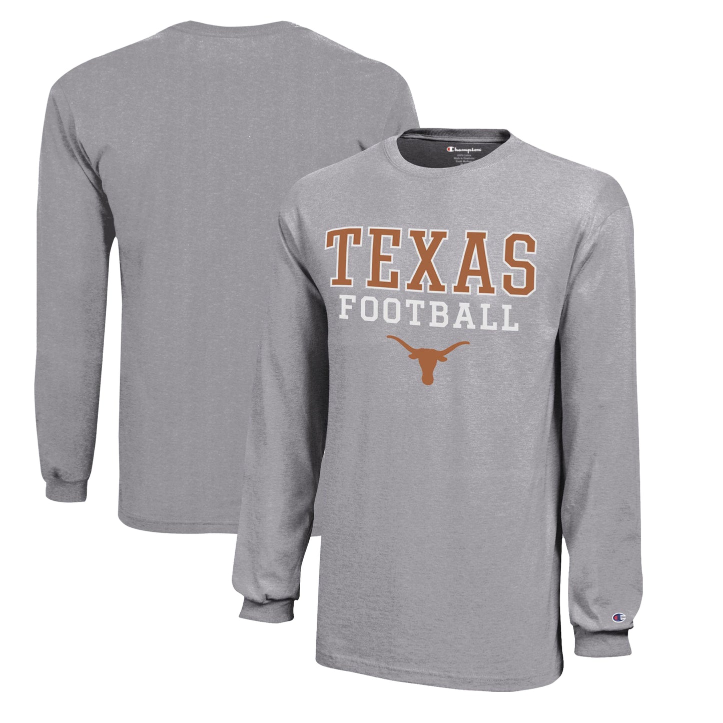 Youth Champion Gray Texas Longhorns Stacked Logo Long Sleeve Football T-Shirt