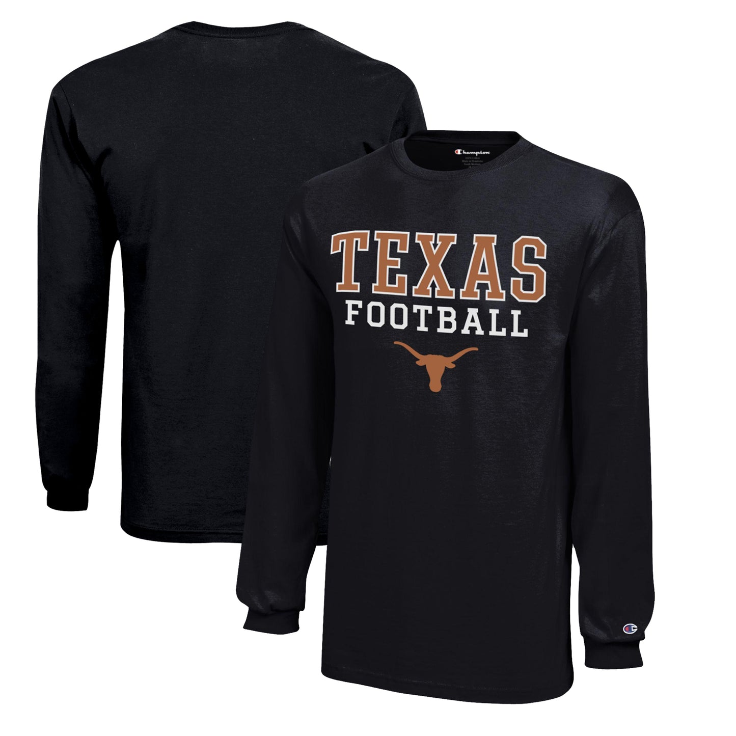 Youth Champion Black Texas Longhorns Stacked Logo Long Sleeve Football T-Shirt