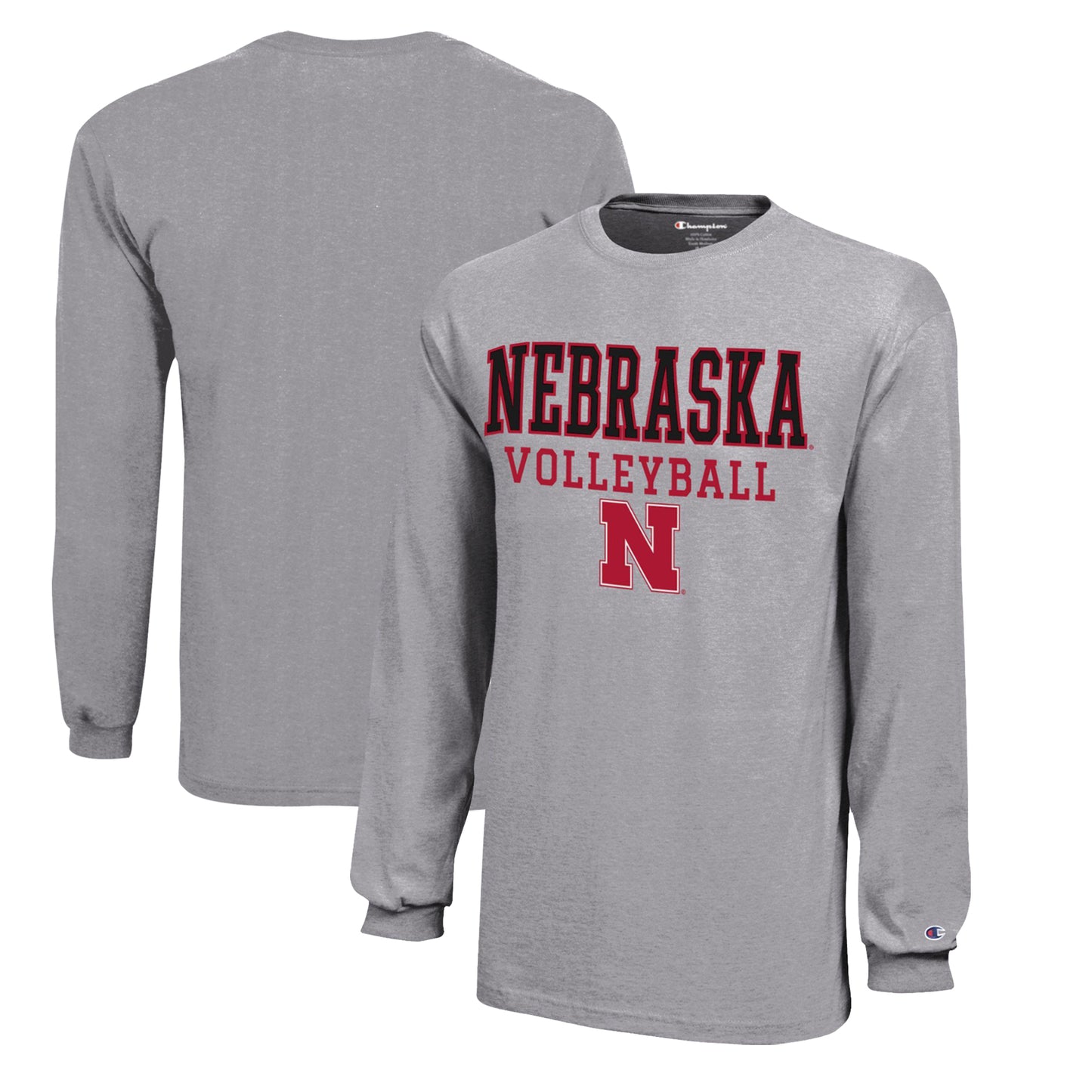 Youth Champion Gray Nebraska Huskers Stacked Logo Long Sleeve Volleyball T-Shirt