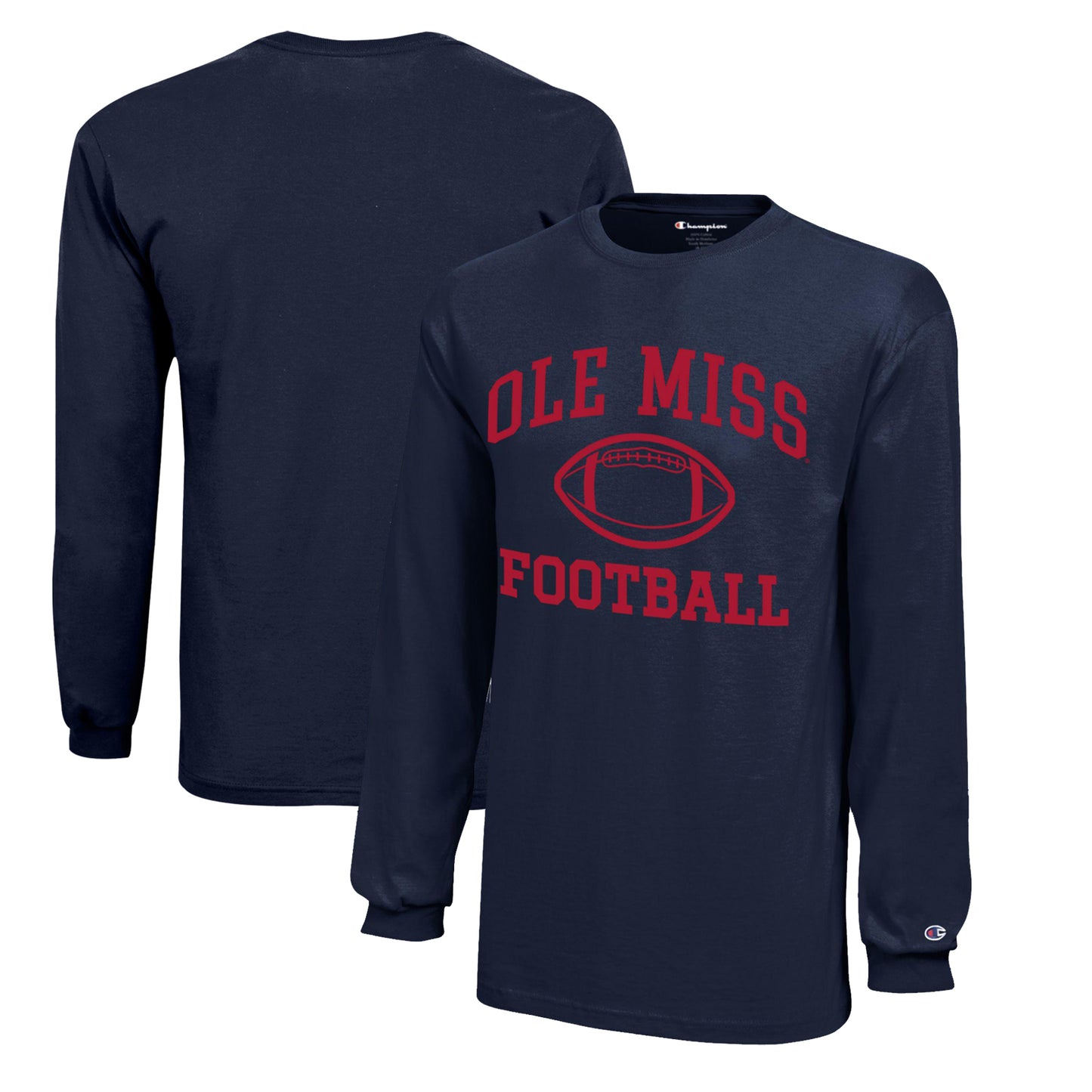Youth Champion Navy Ole Miss Rebels Icon Logo Long Sleeve Football T-Shirt