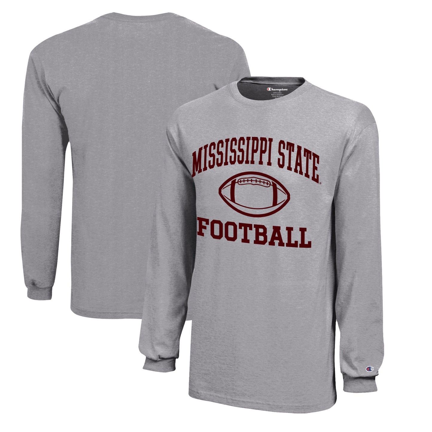 Youth Champion Gray Mississippi State Bulldogs Icon Logo Long Sleeve Football T-Shirt