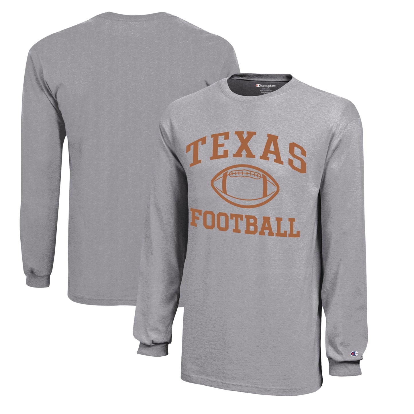 Youth Champion Gray Texas Longhorns Icon Logo Long Sleeve Football T-Shirt