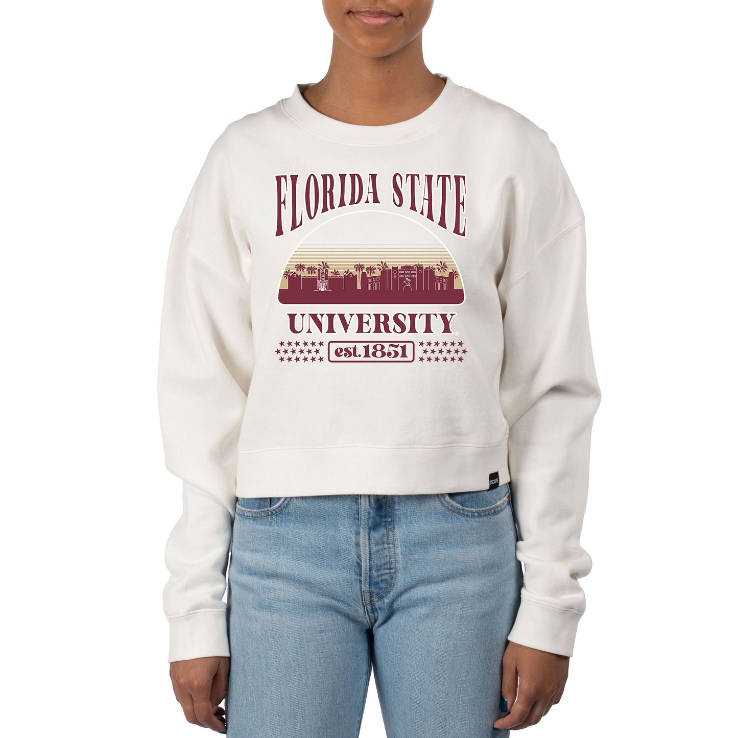 Women's Uscape Apparel Cream Florida State Seminoles Pigment Dyed Local Skyline Fleece Crop Crewneck Sweatshirt