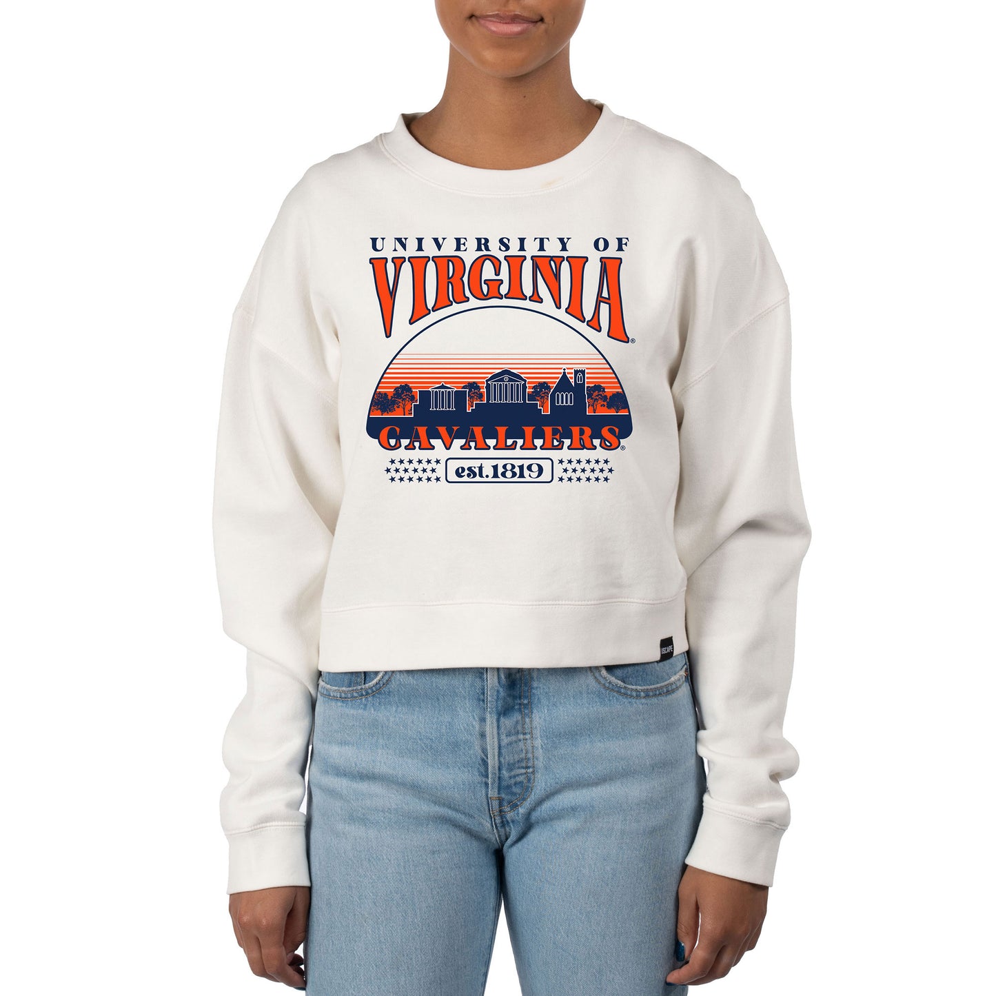 Women's Uscape Apparel Cream Virginia Cavaliers Pigment Dyed Local Skyline Fleece Crop Crewneck Sweatshirt