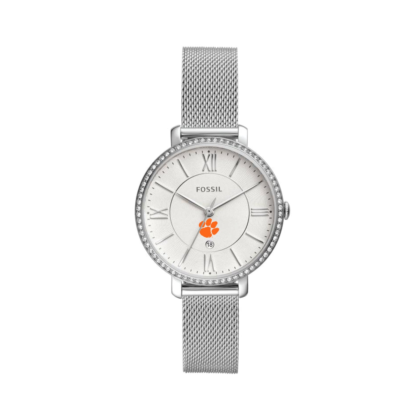 Women's Fossil Silver Clemson Tigers Jacqueline Stainless Steel Mesh Watch