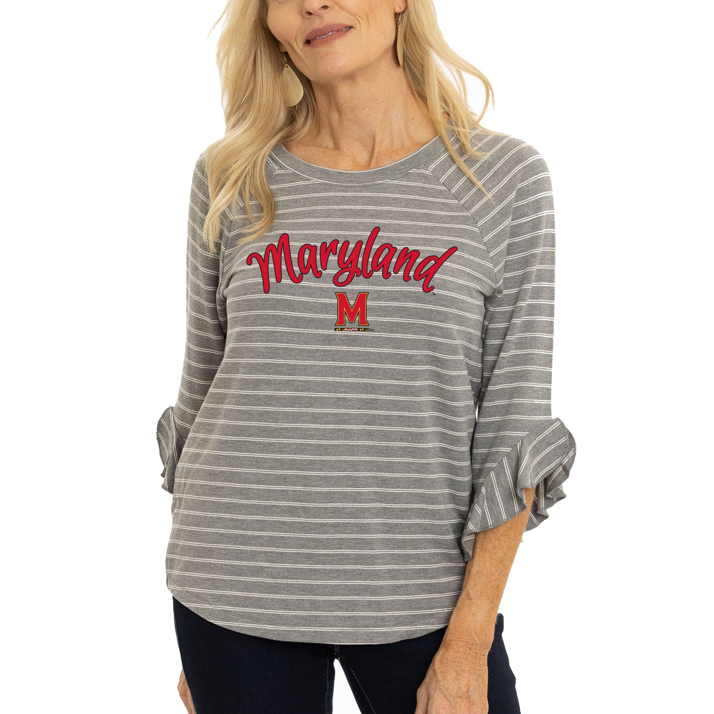 Women's Gray Maryland Terrapins Renatta Striped Ruffle 3/4-Sleeve T-Shirt