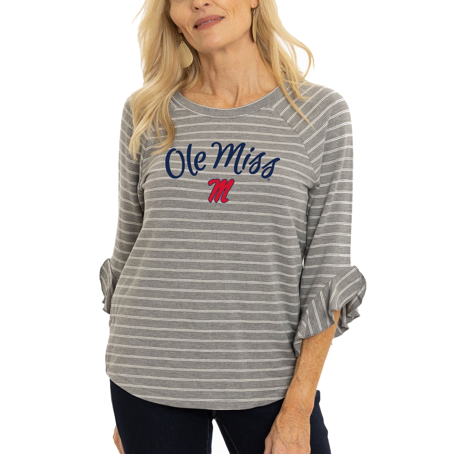 Women's Gray Ole Miss Rebels Renatta Striped Ruffle 3/4-Sleeve T-Shirt