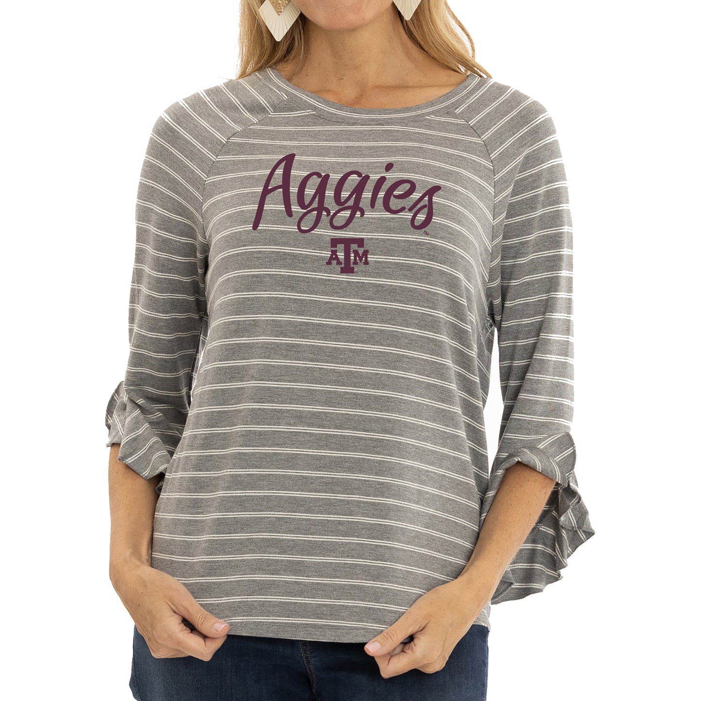 Women's Gray Texas A&M Aggies Renatta Striped Ruffle 3/4-Sleeve T-Shirt