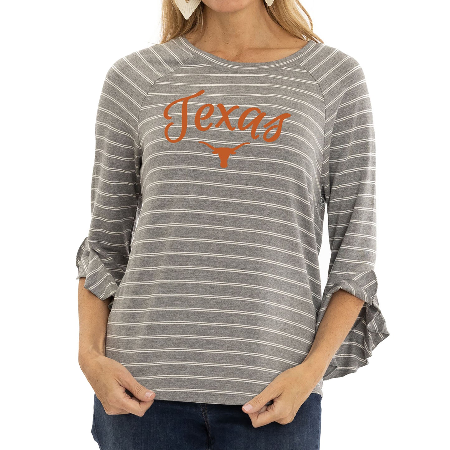 Women's Gray Texas Longhorns Renatta Striped Ruffle 3/4-Sleeve T-Shirt