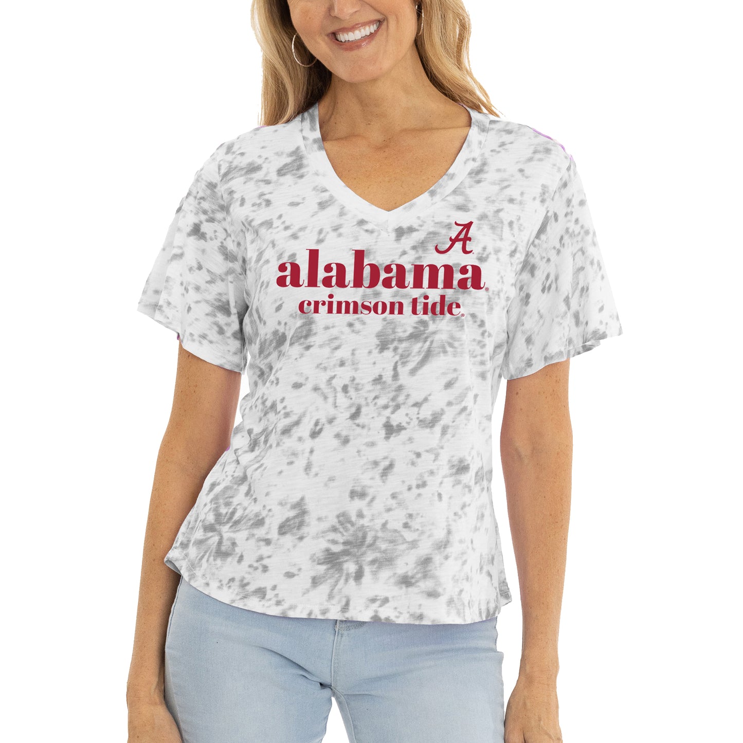 Women's Gray Alabama Crimson Tide Faye Ruffle V-Neck T-Shirt