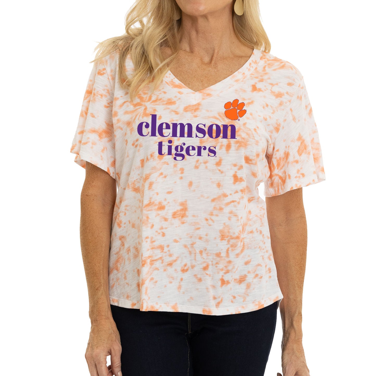 Women's Orange Clemson Tigers Faye Ruffle V-Neck T-Shirt