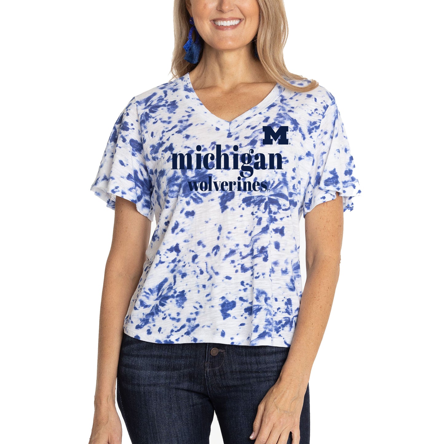 Women's Navy Michigan Wolverines Faye Ruffle V-Neck T-Shirt