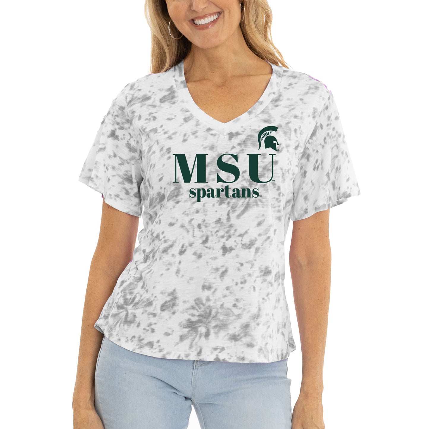 Women's Gray Michigan State Spartans Faye Ruffle V-Neck T-Shirt