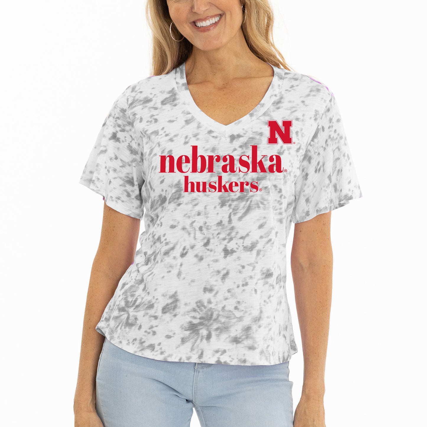 Women's Gray Nebraska Huskers Faye Ruffle V-Neck T-Shirt