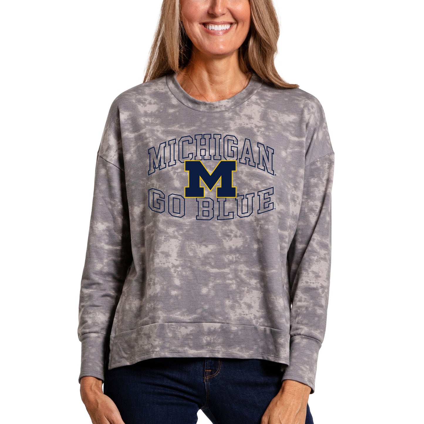 Women's Gray Michigan Wolverines Brandy Tie-Dye Long Sleeve Tri-Blend Pullover Top