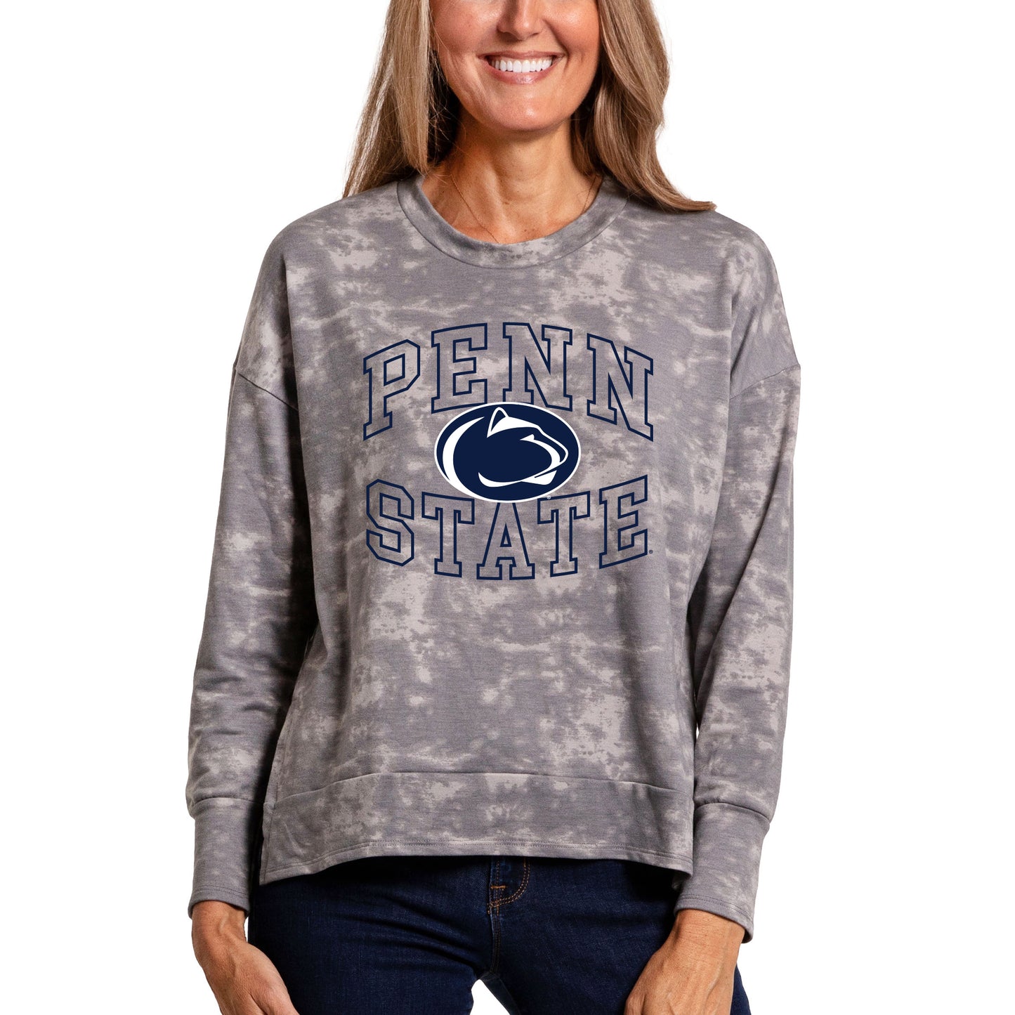 Women's Gray Penn State Nittany Lions Brandy Tie-Dye Long Sleeve Tri-Blend Pullover Top