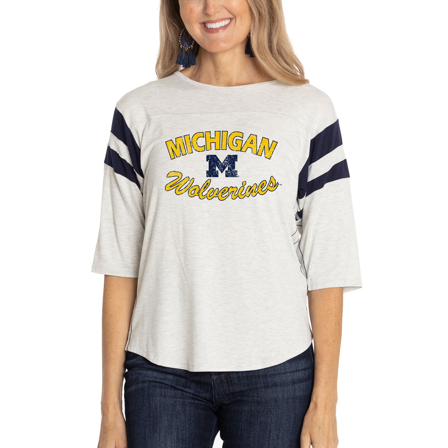 Women's Ash Michigan Wolverines Sabrina 3/4-Sleeve Jersey T-Shirt