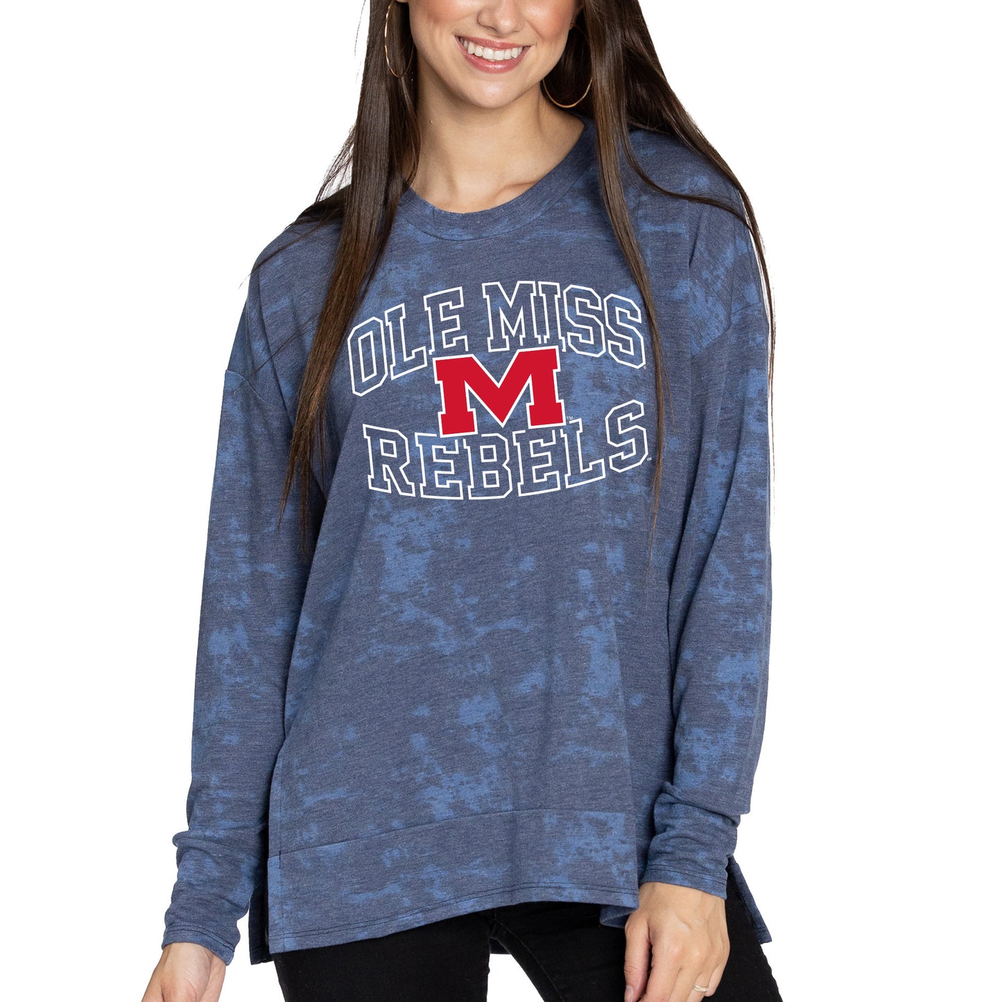 Women's Navy Ole Miss Rebels Brandy Tie-Dye Long Sleeve Tri-Blend Pullover Top