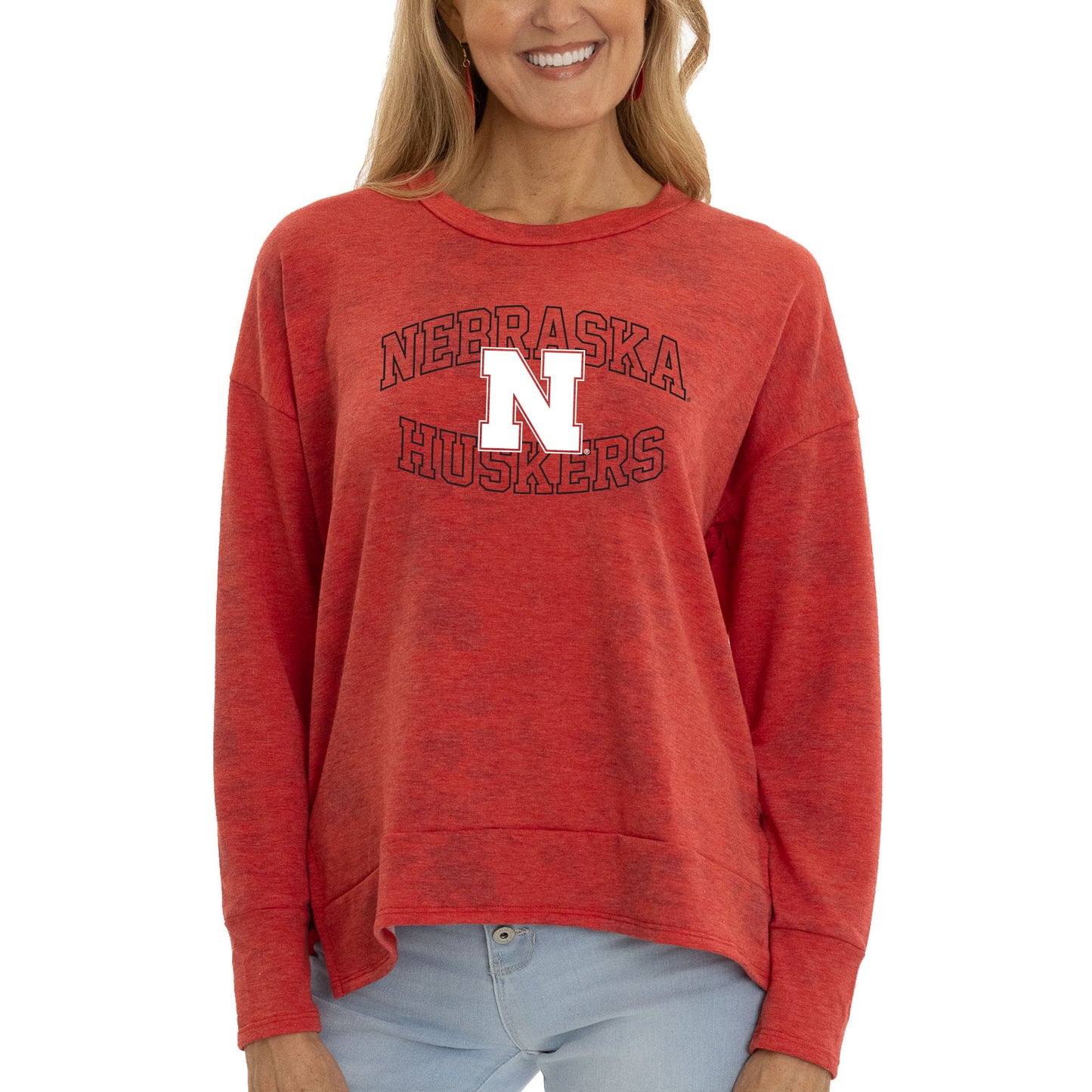 Women's Scarlet Nebraska Huskers Brandy Tie-Dye Long Sleeve Tri-Blend Pullover Top