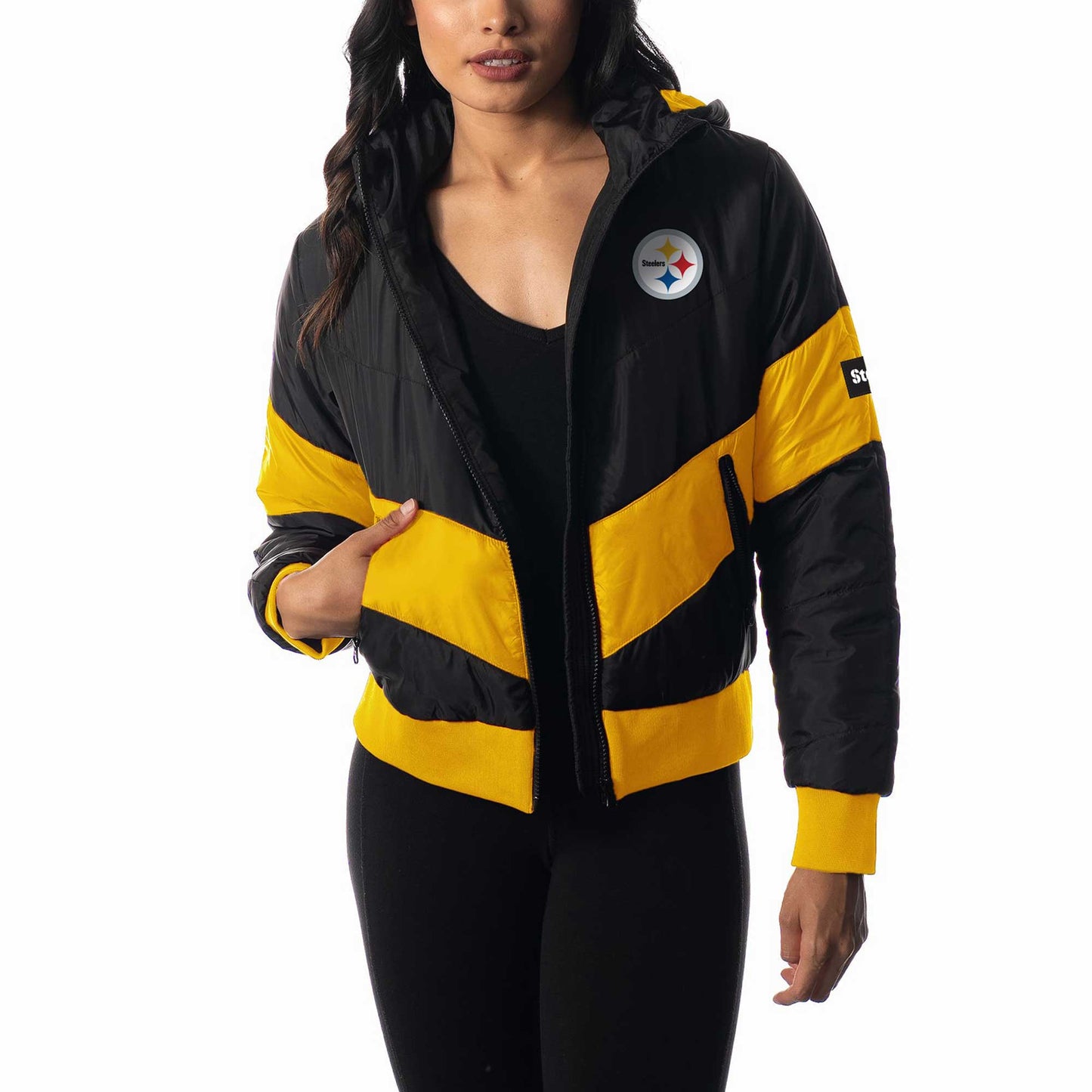Women's The Wild Collective Black Pittsburgh Steelers Puffer Full-Zip Hoodie