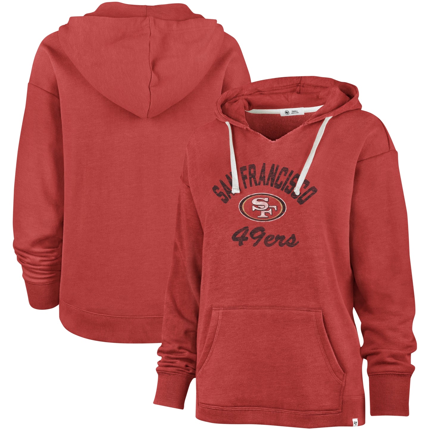 Women's '47 Scarlet San Francisco 49ers Wrapped Up Kennedy V-Neck Pullover Hoodie