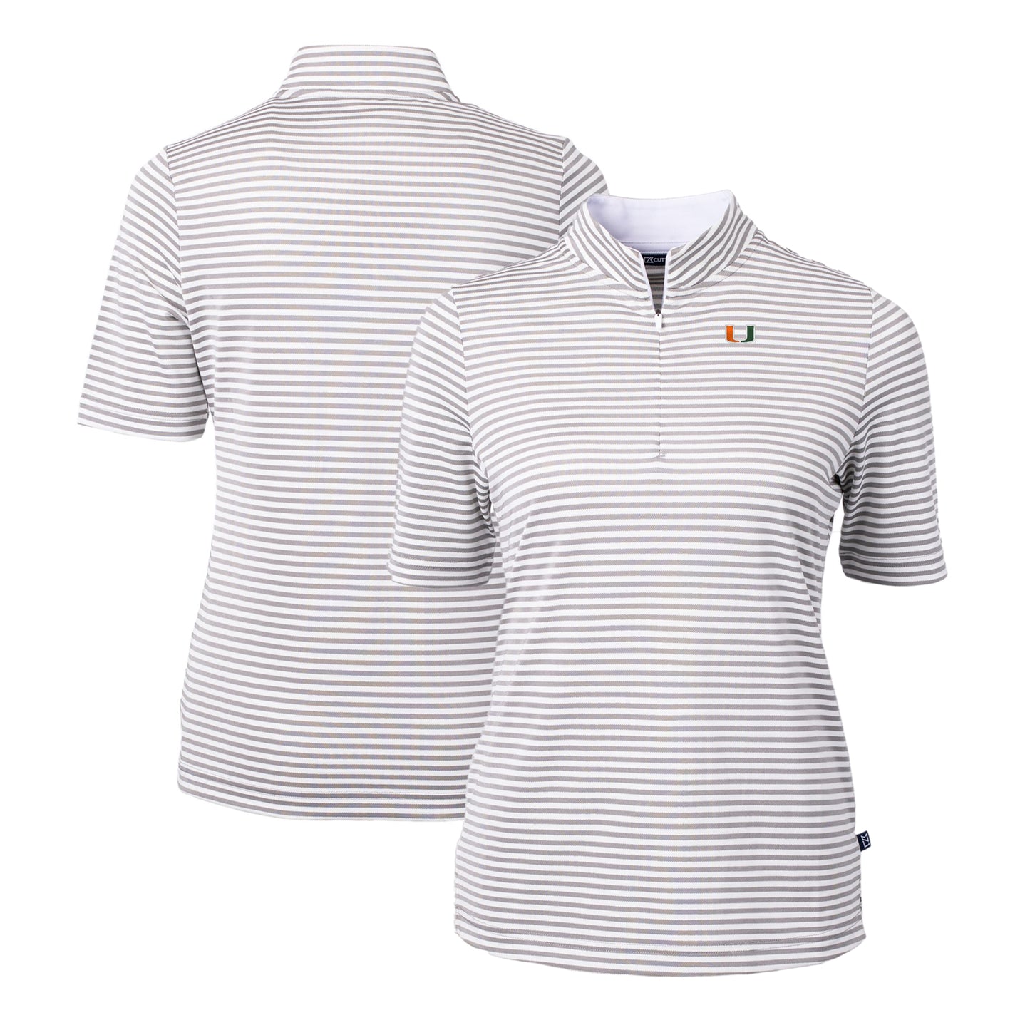 Women's Cutter & Buck Gray Miami Hurricanes DryTec Virtue Eco Pique Stripe Recycled Polo