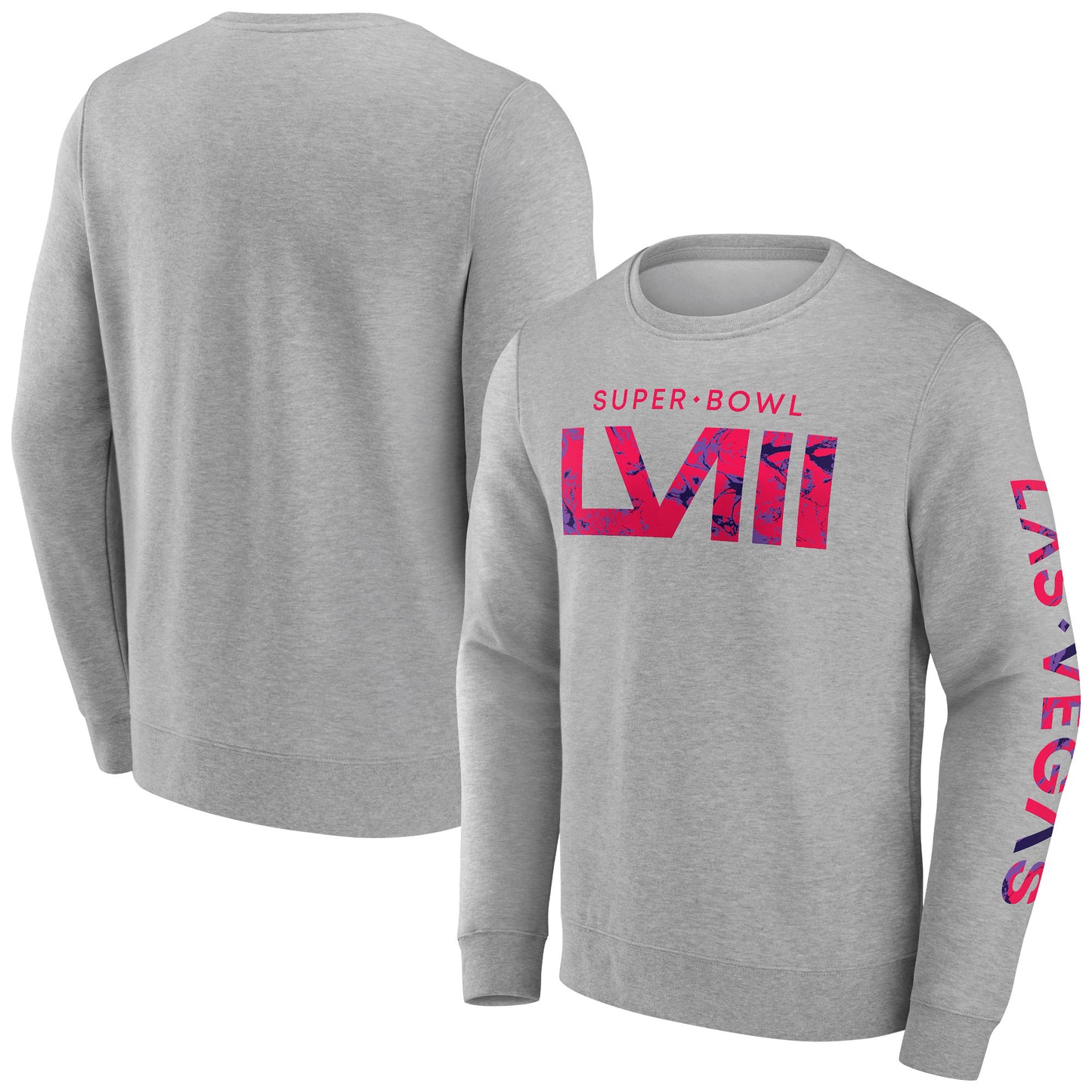 Men's Fanatics Gray Super Bowl LVIII Marble Wordmark Fleece Crew Sweatshirt