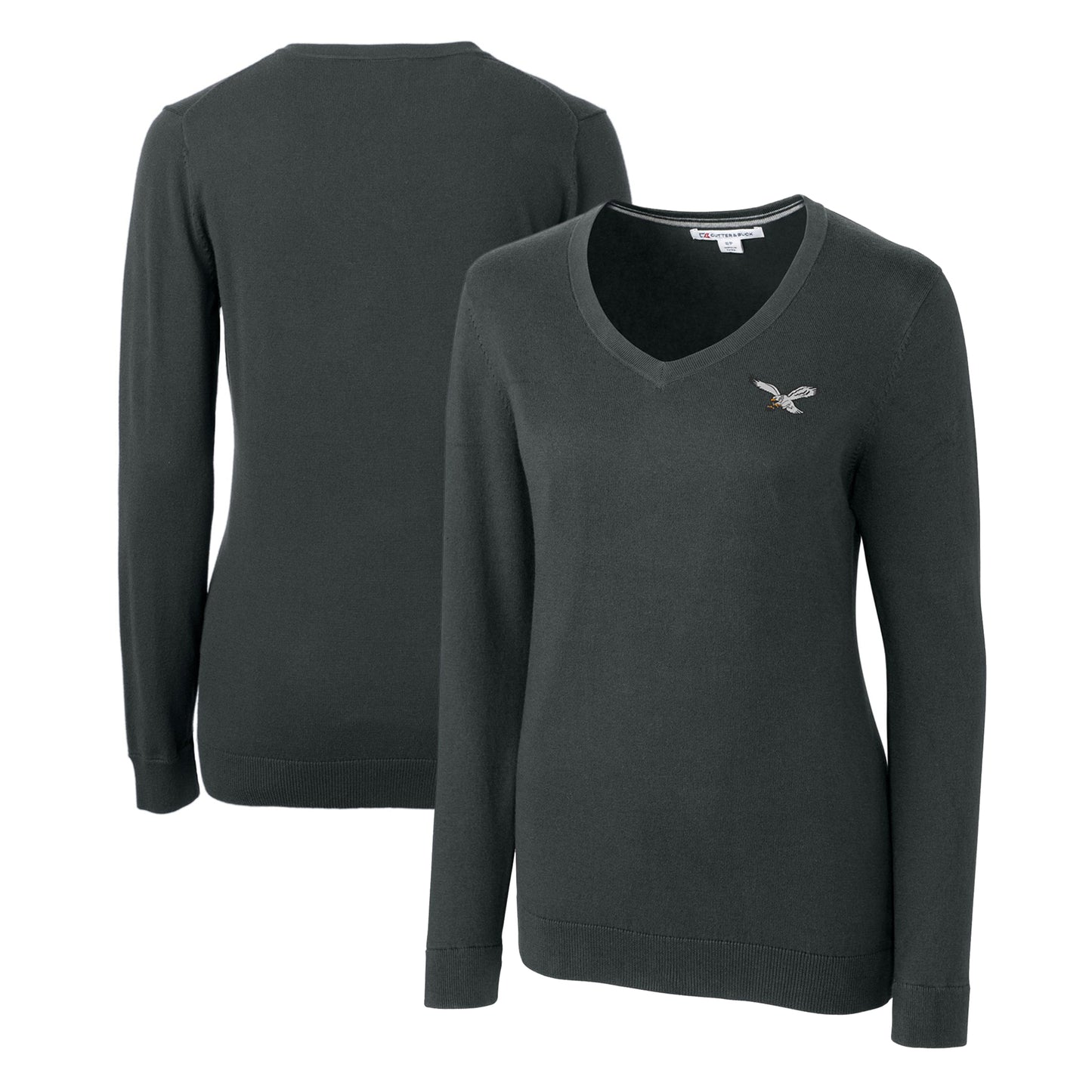 Women's Cutter & Buck Heather Charcoal Philadelphia Eagles Gridiron Classics Logo Lakemont Tri-Blend V-Neck Pullover Sweater