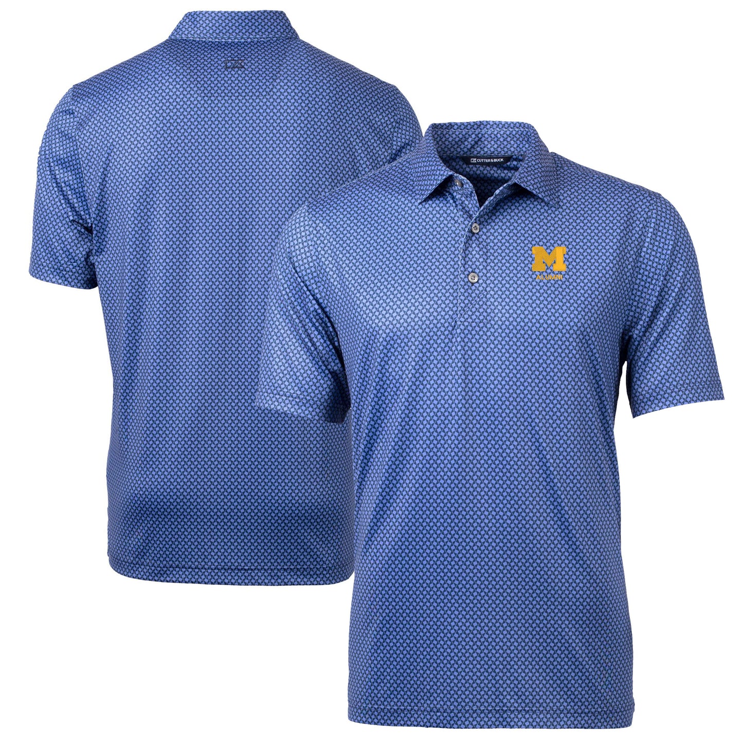 Men's Cutter & Buck Navy Michigan Wolverines Alumni Logo Pike Banner Print Stretch Polo