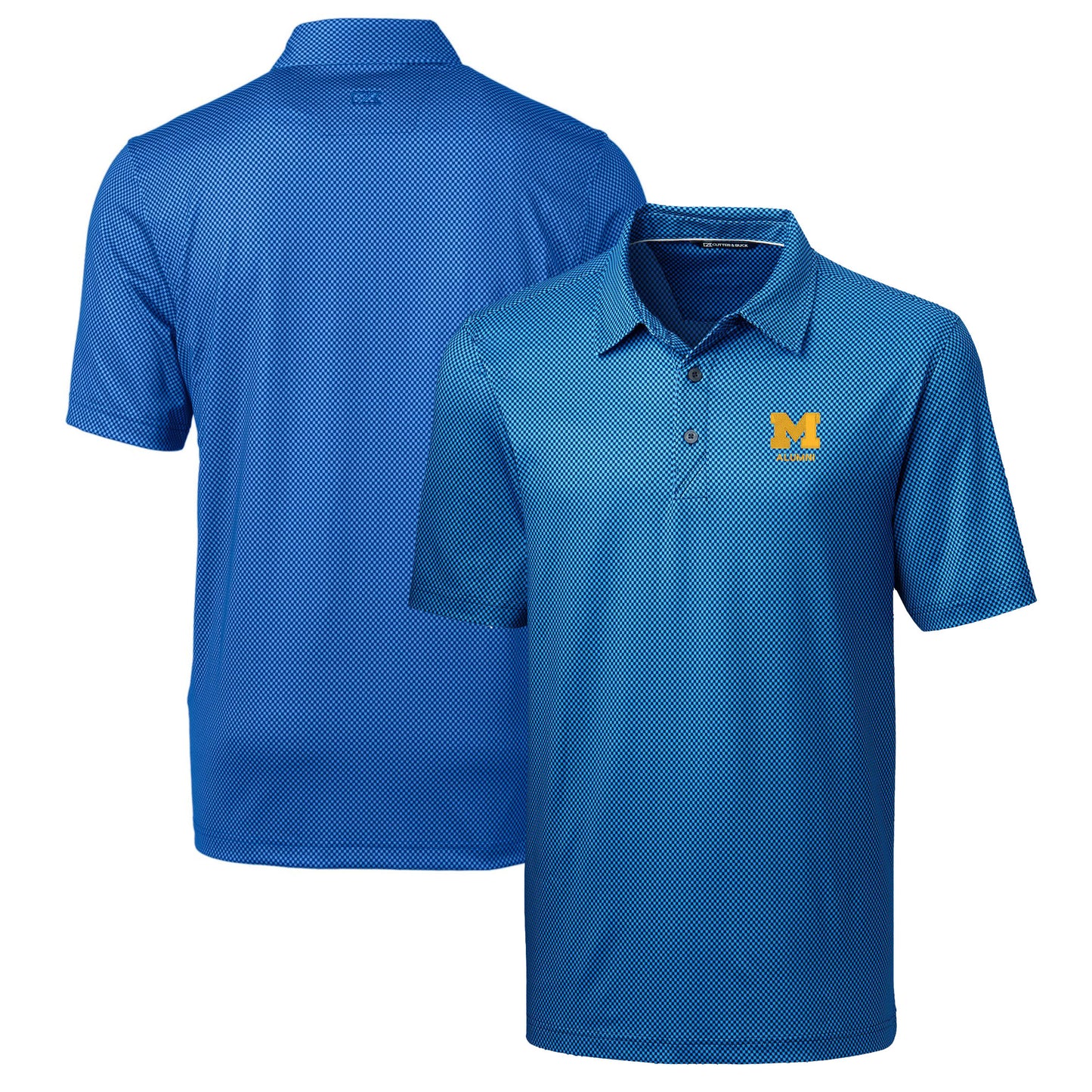 Men's Cutter & Buck Navy Michigan Wolverines Alumni Logo Pike Mini Pennant Print Stretch Polo