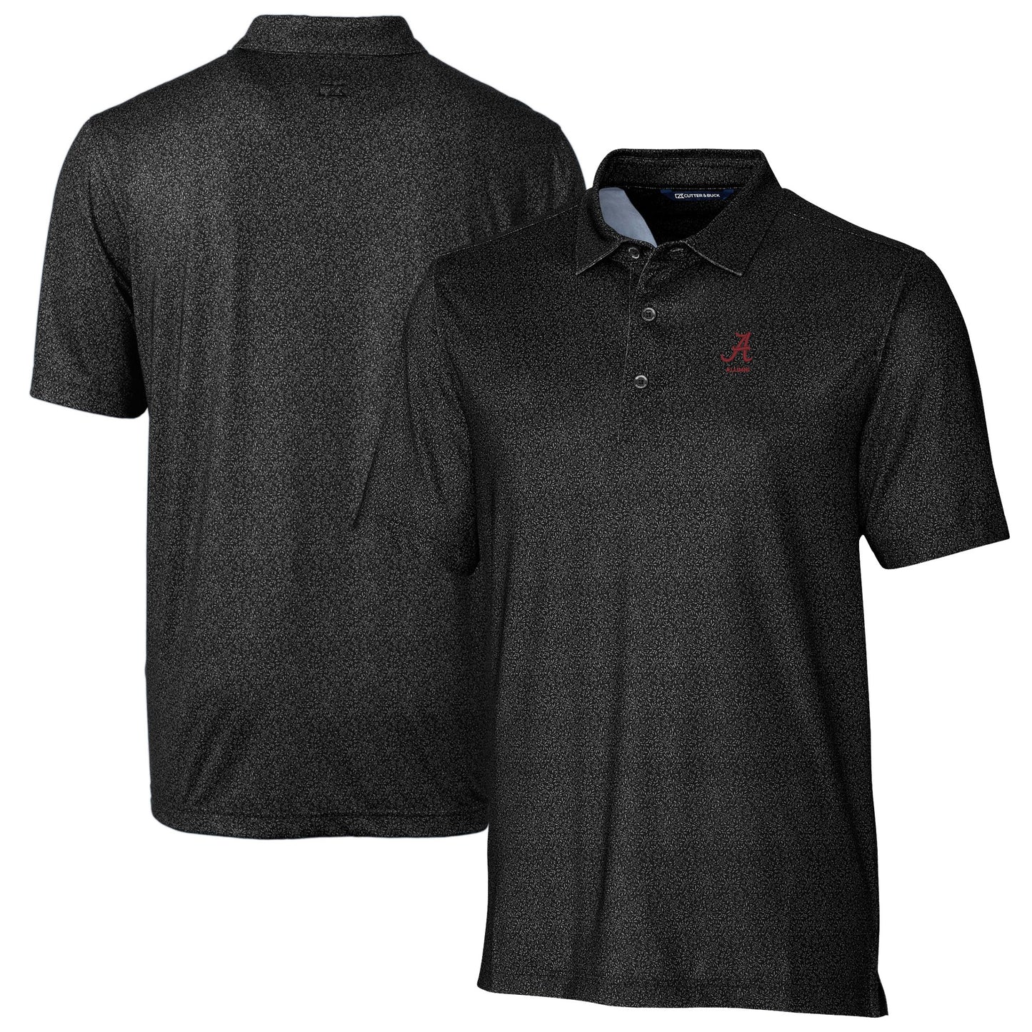 Men's Cutter & Buck Black Alabama Crimson Tide Alumni Logo Pike Micro Floral Print Stretch Polo