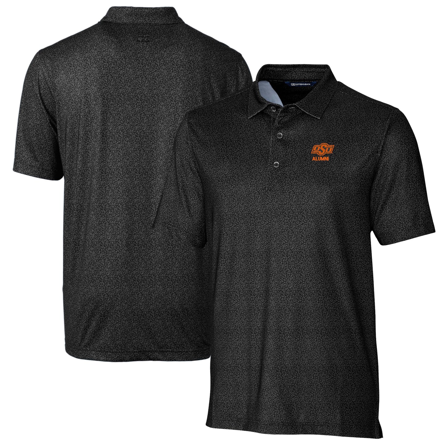 Men's Cutter & Buck Black Oklahoma State Cowboys Alumni Logo Pike Micro Floral Print Stretch Polo
