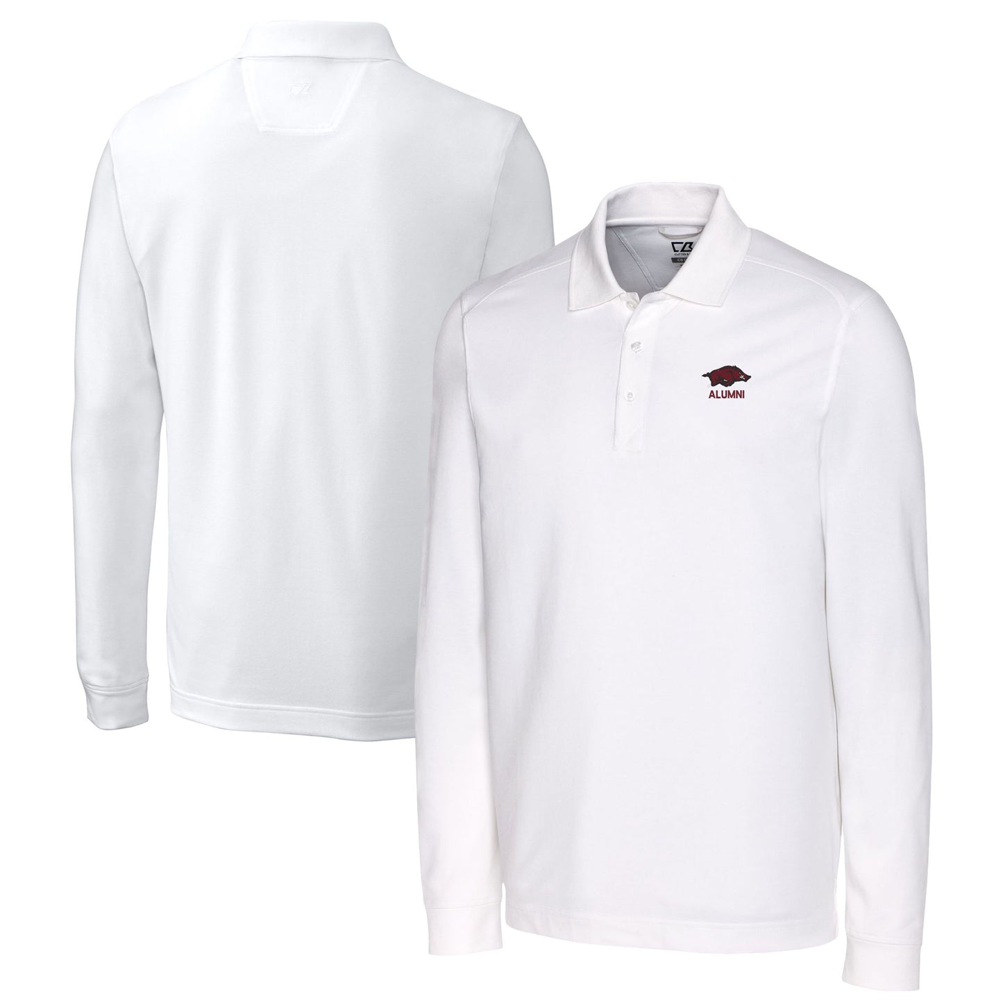 Men's Cutter & Buck White Arkansas Razorbacks Alumni Logo Advantage Tri-Blend Pique Long Sleeve DryTec Polo