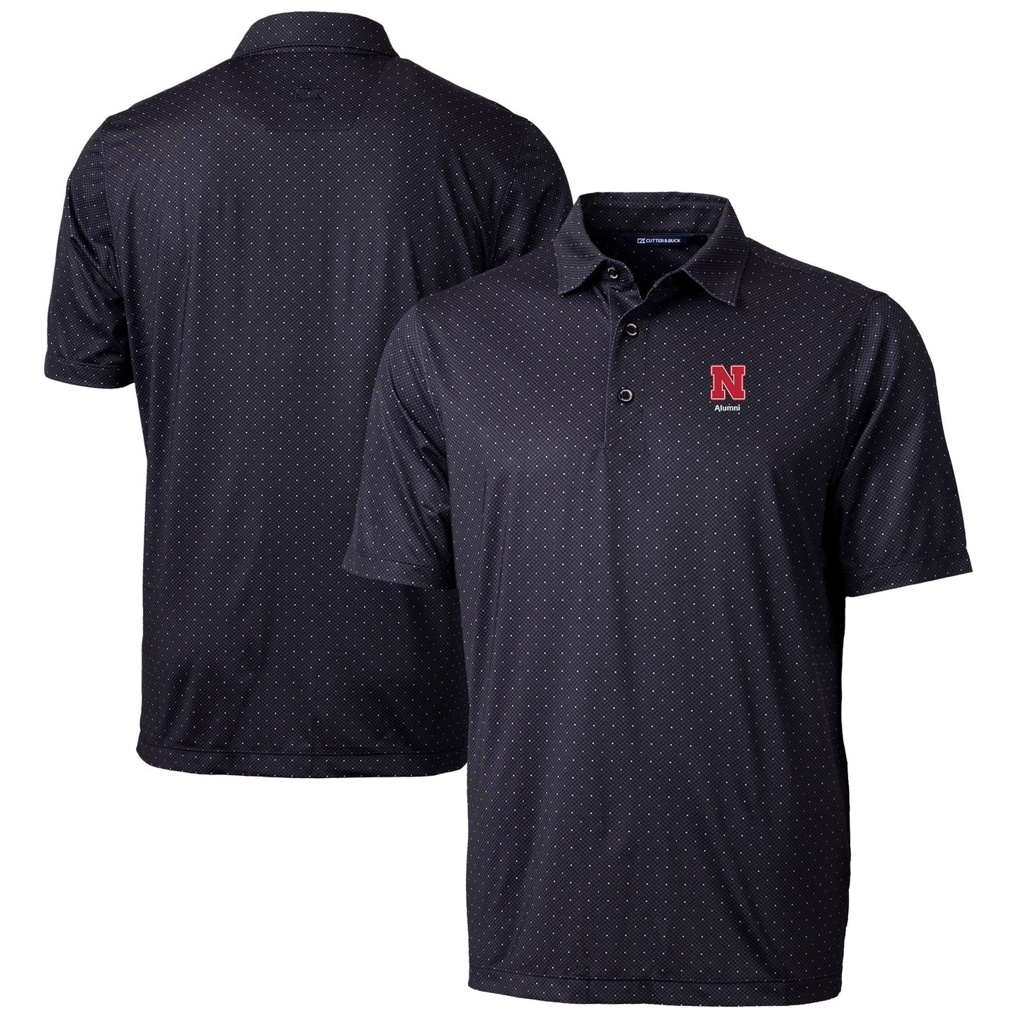Men's Cutter & Buck Black Nebraska Huskers Alumni Logo Double Dot Print Stretch Polo
