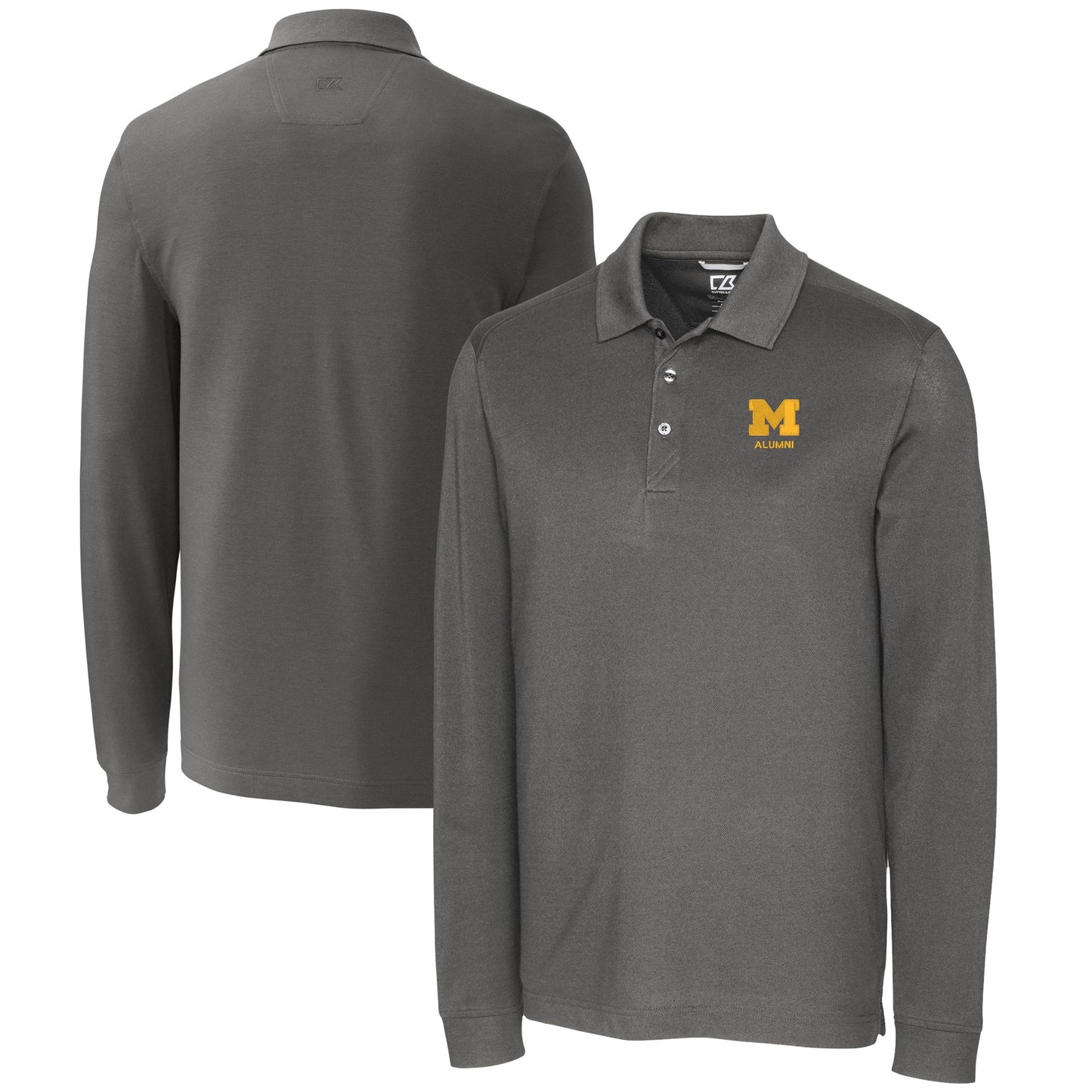 Men's Cutter & Buck Gray Michigan Wolverines Alumni Logo Advantage Tri-Blend Pique Long Sleeve DryTec Polo
