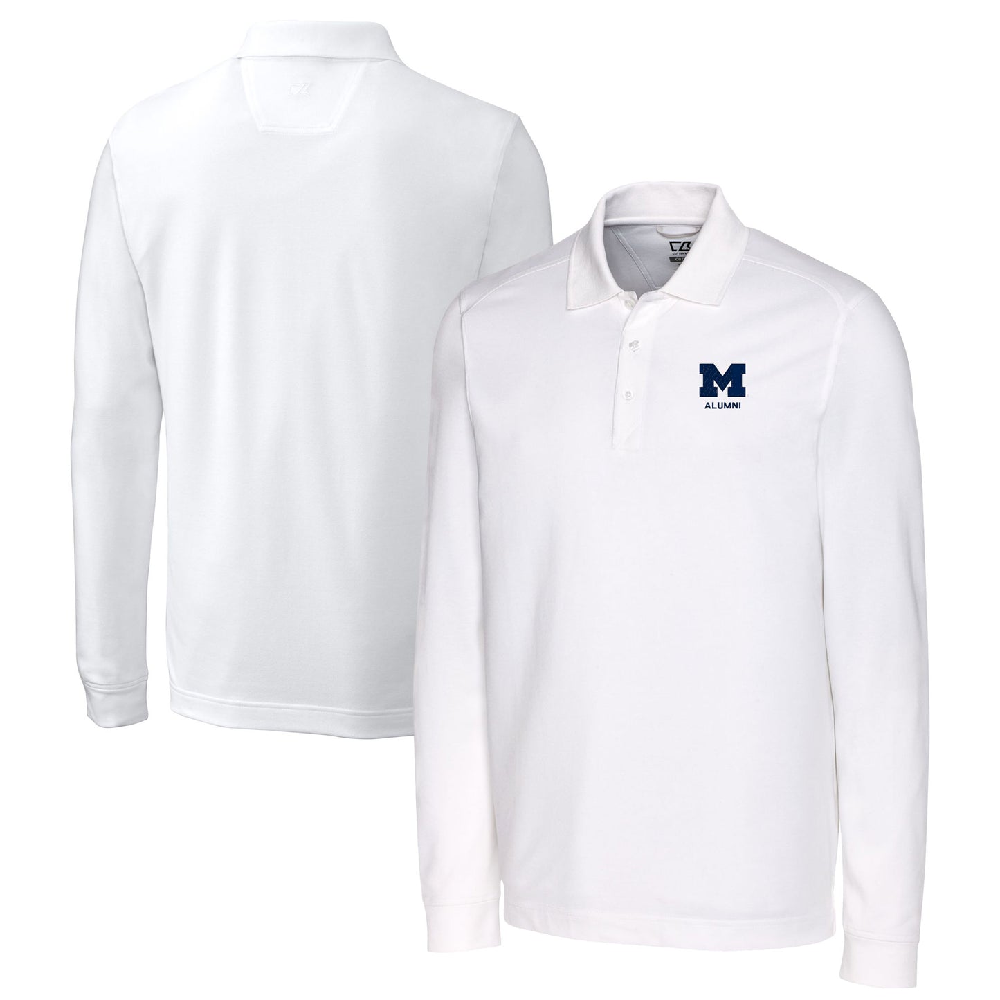 Men's Cutter & Buck White Michigan Wolverines Alumni Logo Advantage Tri-Blend Pique Long Sleeve DryTec Polo