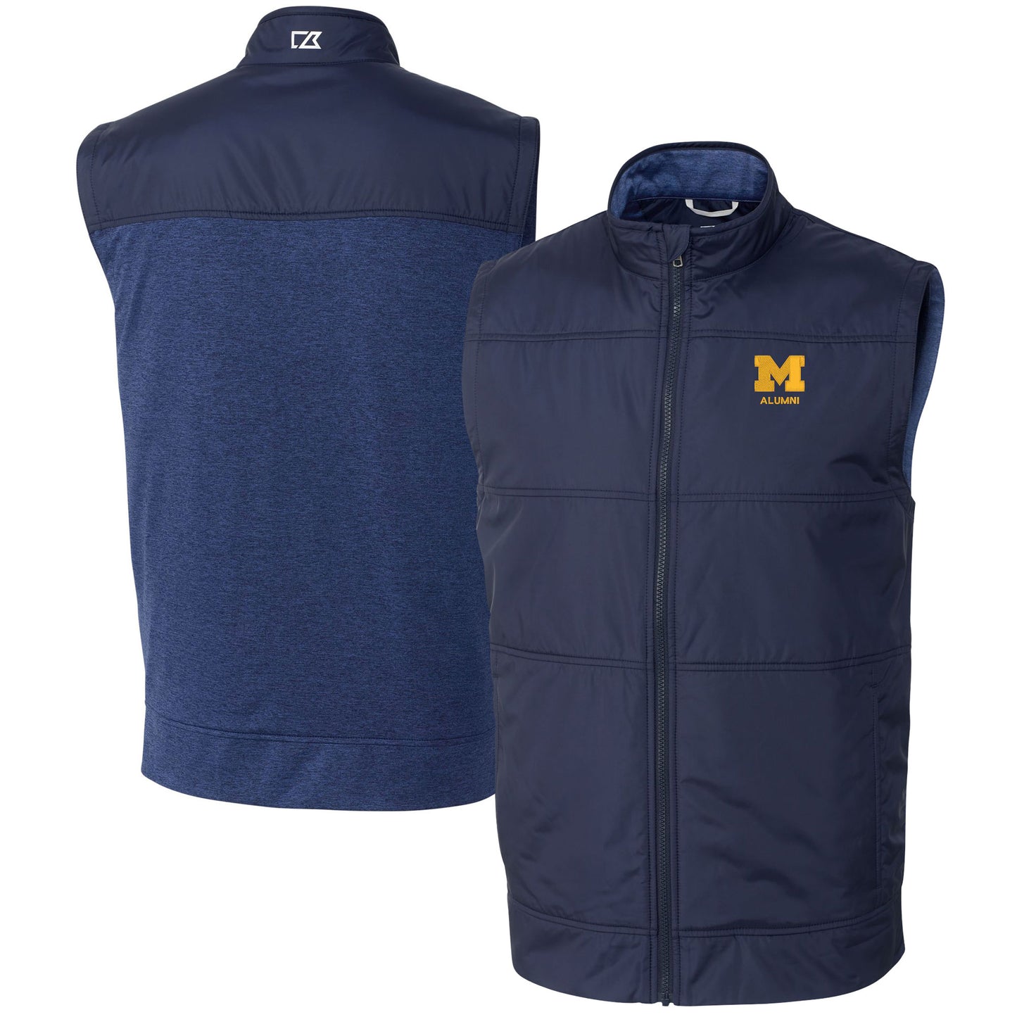 Men's Cutter & Buck Navy Michigan Wolverines Alumni Logo Stealth Hybrid Quilted Windbreaker Full-Zip Vest