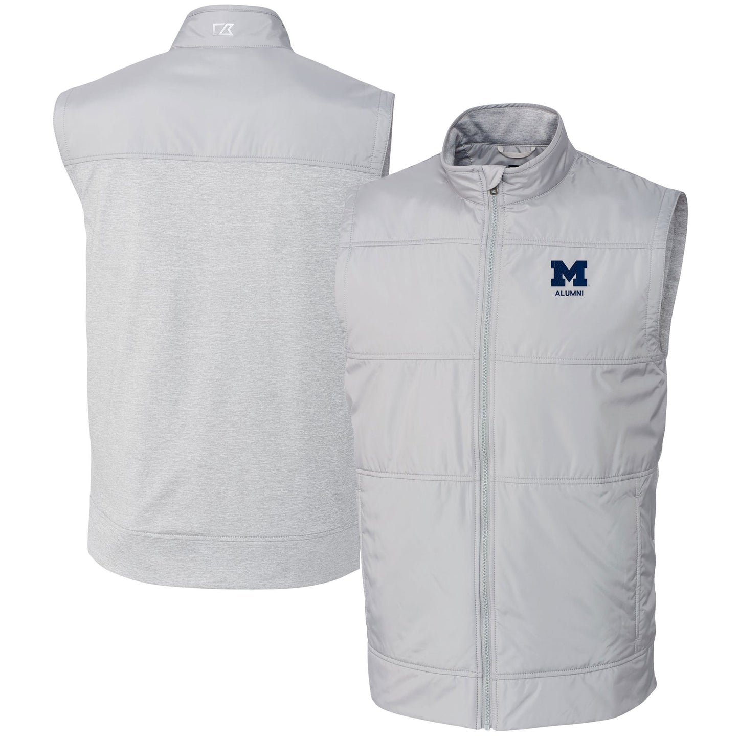 Men's Cutter & Buck Gray Michigan Wolverines Alumni Logo Stealth Hybrid Quilted Windbreaker Full-Zip Vest