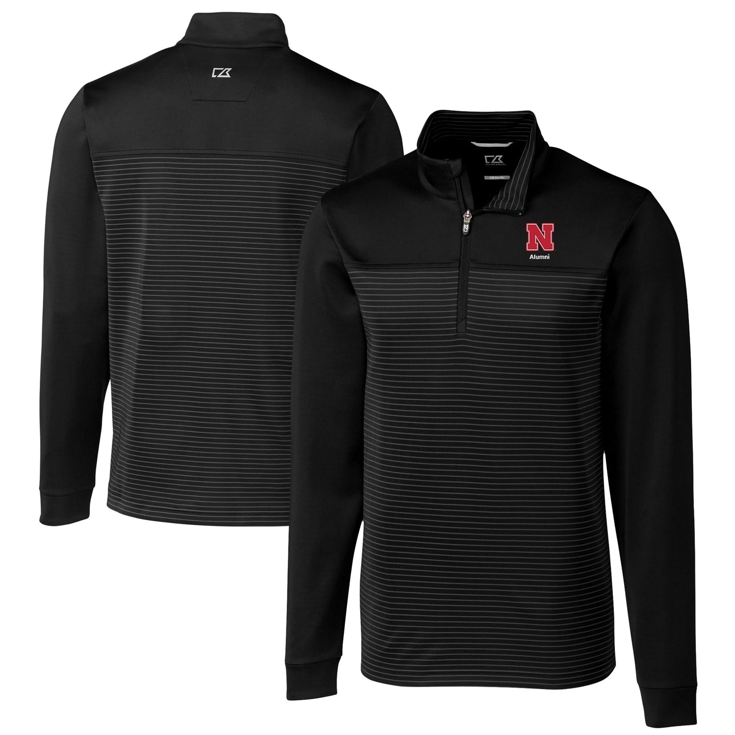 Men's Cutter & Buck Black Nebraska Huskers Alumni Logo Traverse Stripe Stretch Quarter-Zip Pullover Top