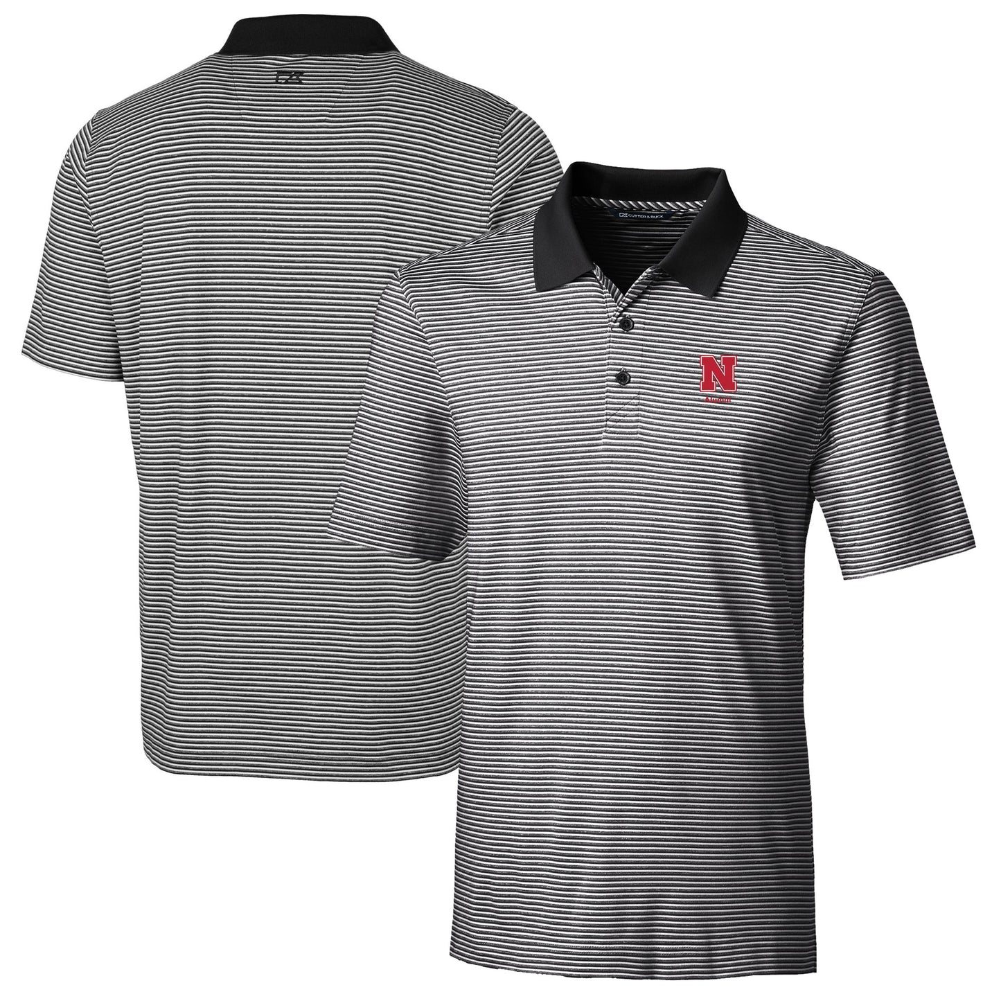 Men's Cutter & Buck Black Nebraska Huskers Alumni Logo Forge Tonal Stripe Stretch Polo