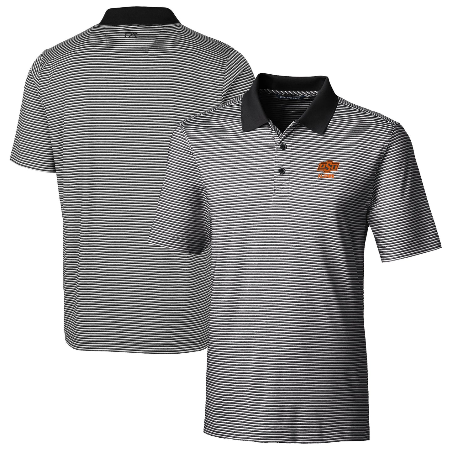 Men's Cutter & Buck Black Oklahoma State Cowboys Alumni Logo Forge Tonal Stripe Stretch Polo