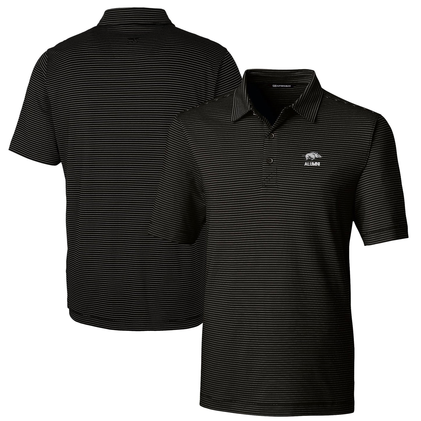 Men's Cutter & Buck Black Arkansas Razorbacks Alumni Logo Forge Pencil Stripe Stretch DryTec Polo