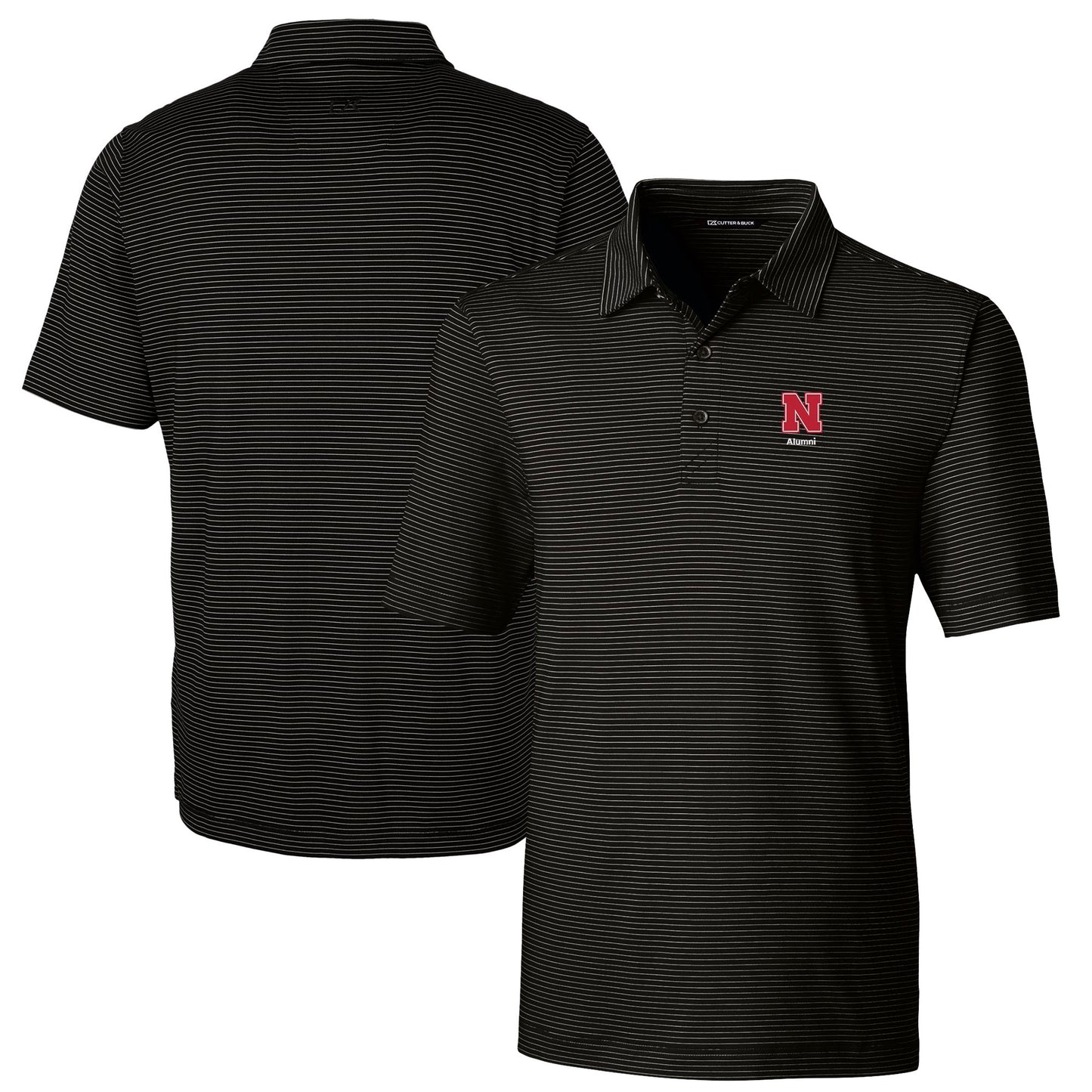 Men's Cutter & Buck Black Nebraska Huskers Alumni Logo Forge Pencil Stripe Stretch DryTec Polo
